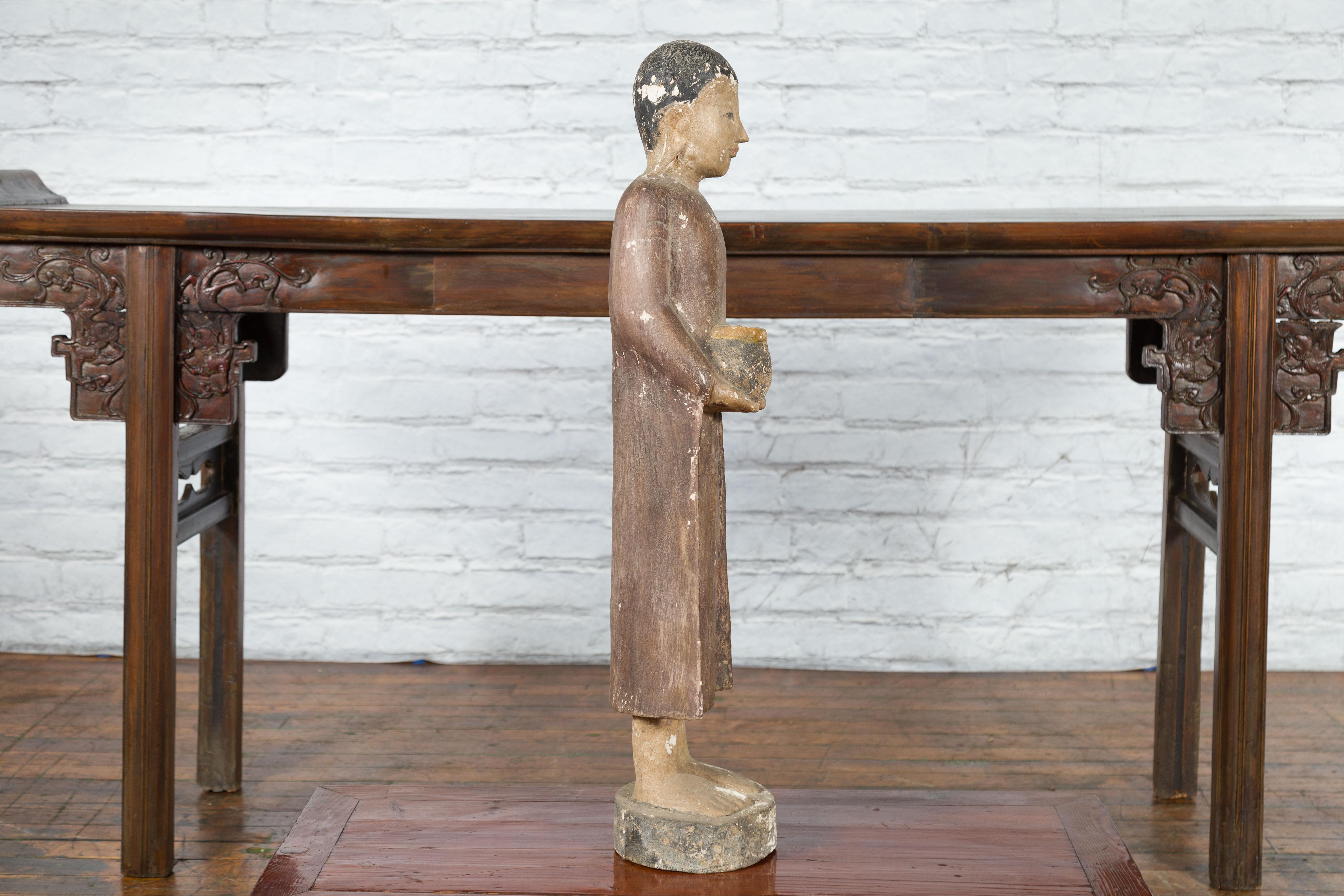 Thai Hand-Carved Standing Buddhist Monk Sculpture on Base with Offering Bowl 5