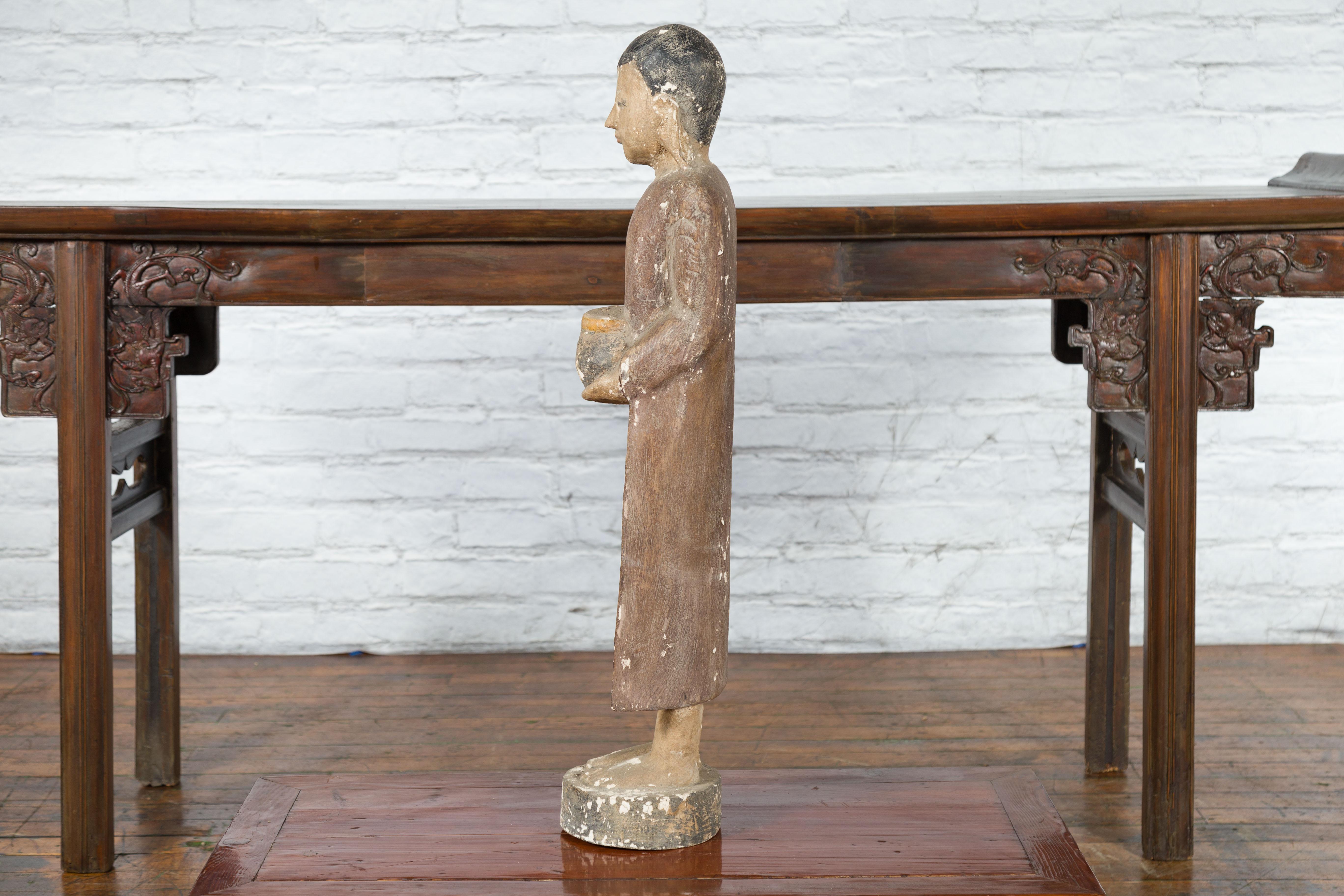 Thai Hand-Carved Standing Buddhist Monk Sculpture on Base with Offering Bowl 7