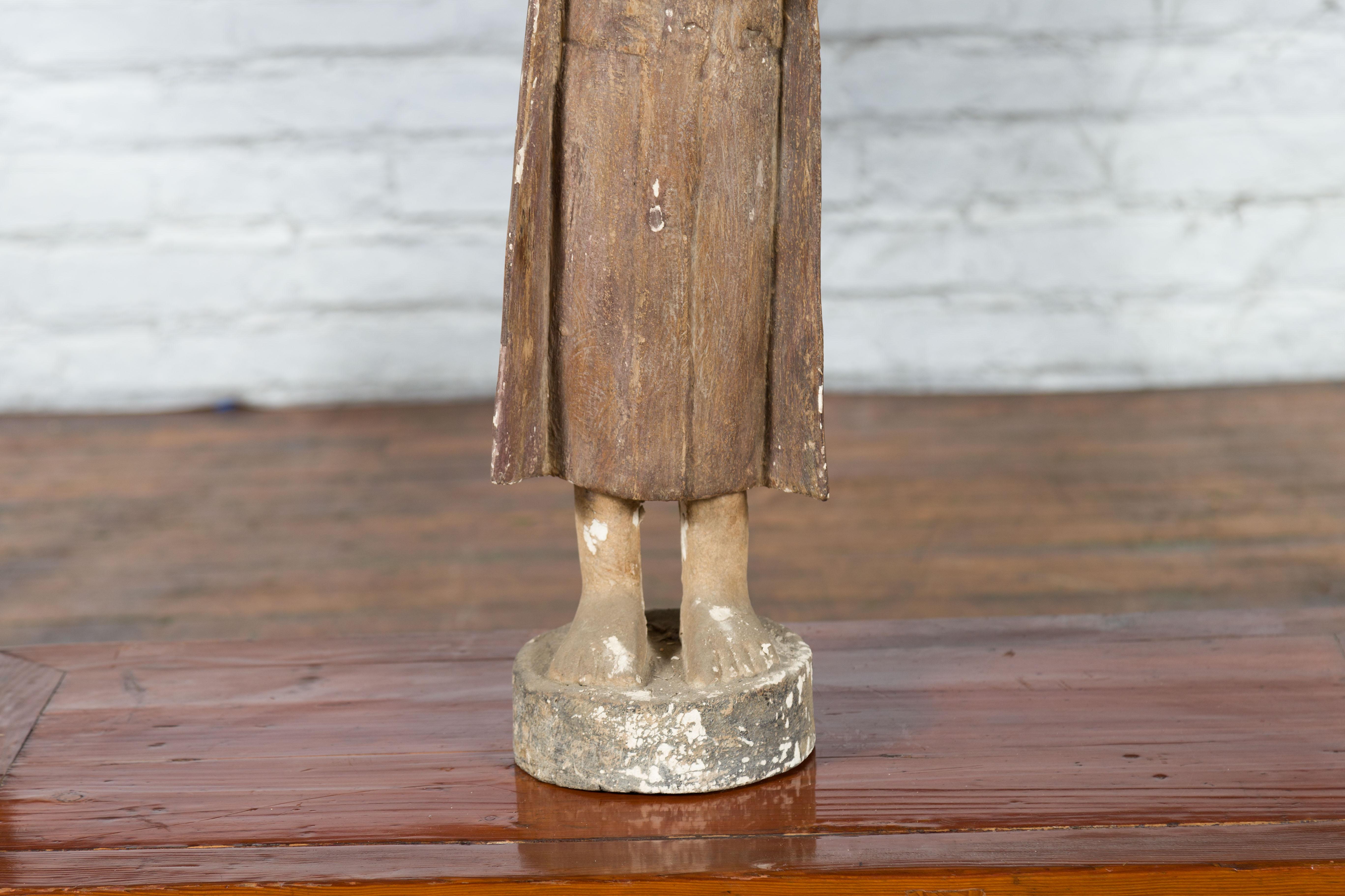 Wood Thai Hand-Carved Standing Buddhist Monk Sculpture on Base with Offering Bowl