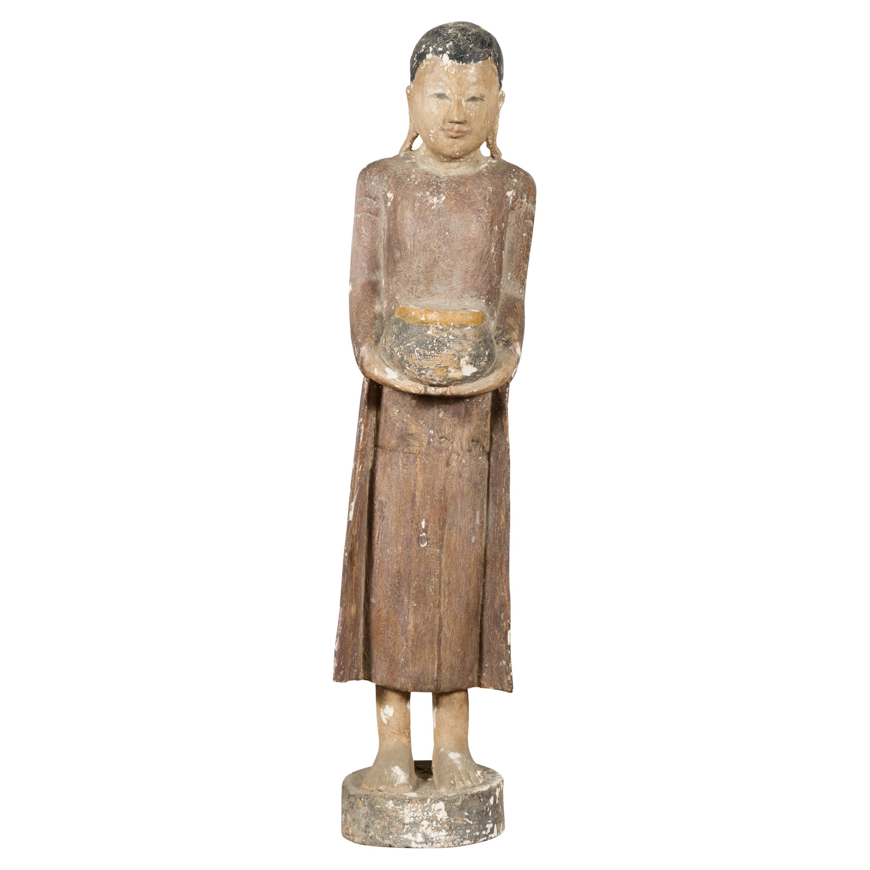 Thai Hand-Carved Standing Buddhist Monk Sculpture on Base with Offering Bowl