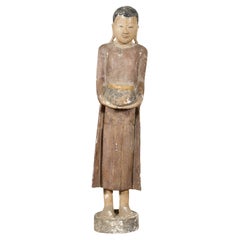 Vintage Thai Hand-Carved Standing Buddhist Monk Sculpture on Base with Offering Bowl