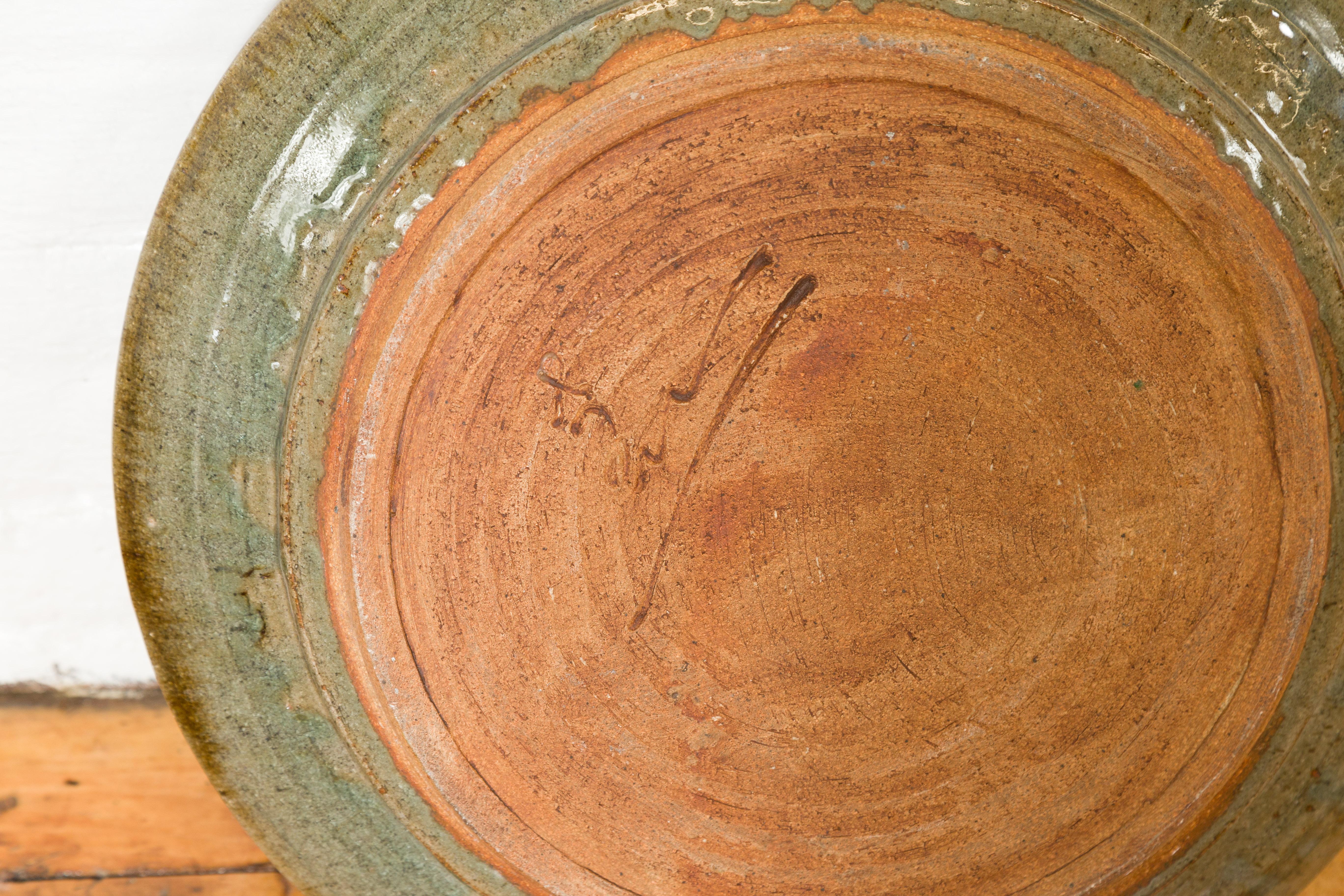 Thai Hand-Thrown Ceramic Charger Plate with Green and Brown Spiral Painted Decor For Sale