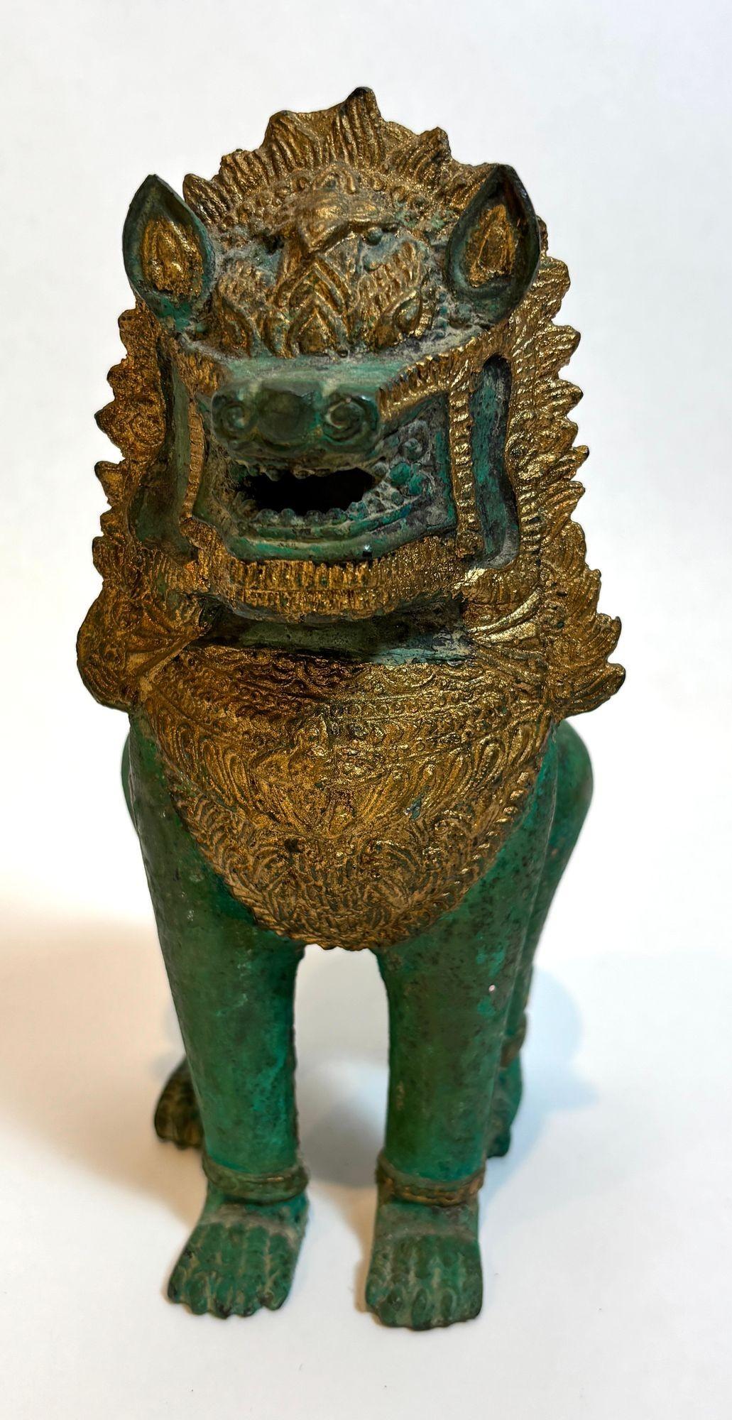 Folk Art Thai Khmer Bronze Gilt Singha Guardian Lion Sculpture, Mid-20th Century For Sale