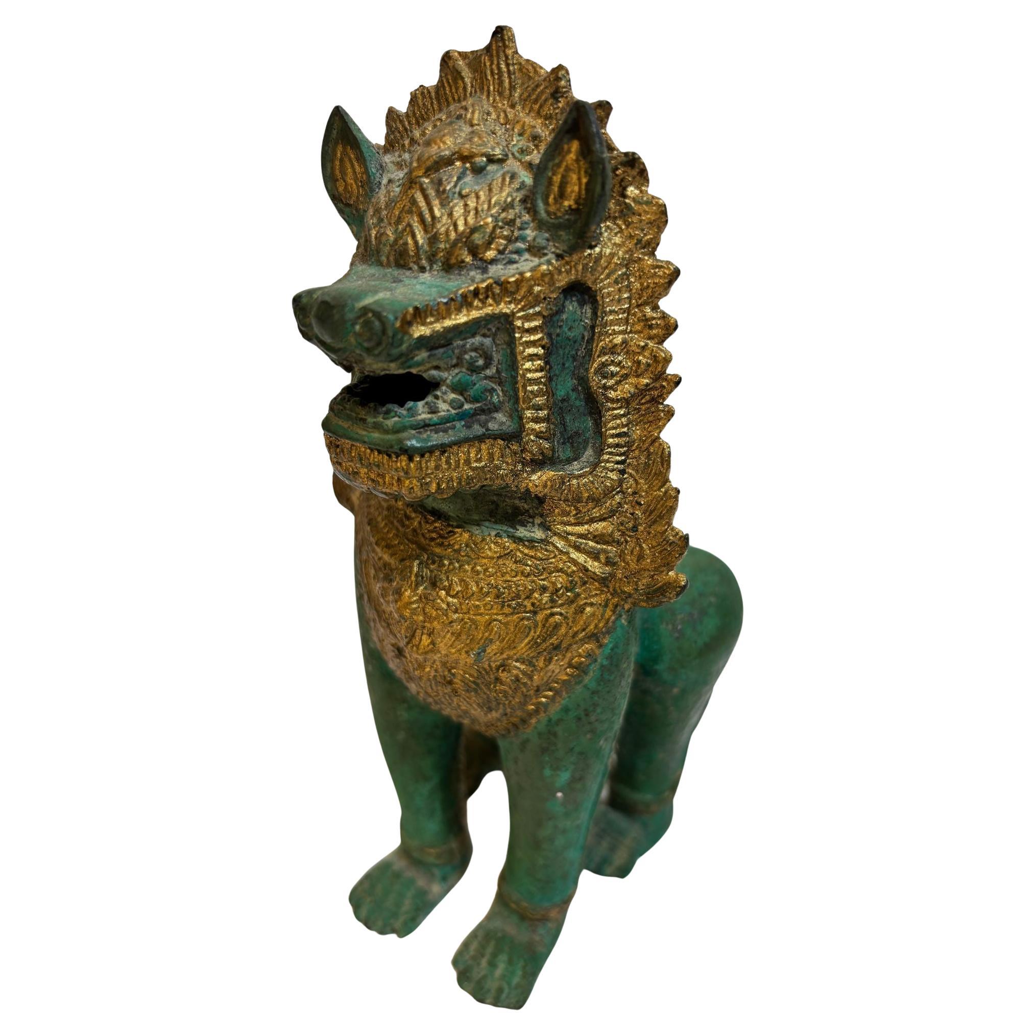 Thai Khmer Bronze Gilt Singha Guardian Lion Sculpture, Mid-20th Century For Sale