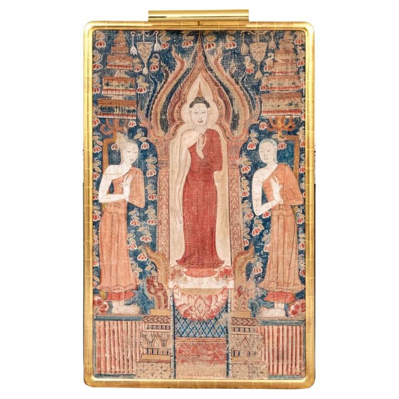 Thai Large Watercolor Painting Buddha & Disciples In Gilt Wood Frame