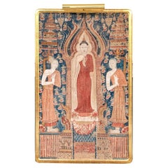 Thai Large Watercolor Painting Buddha & Disciples In Gilt Wood Frame