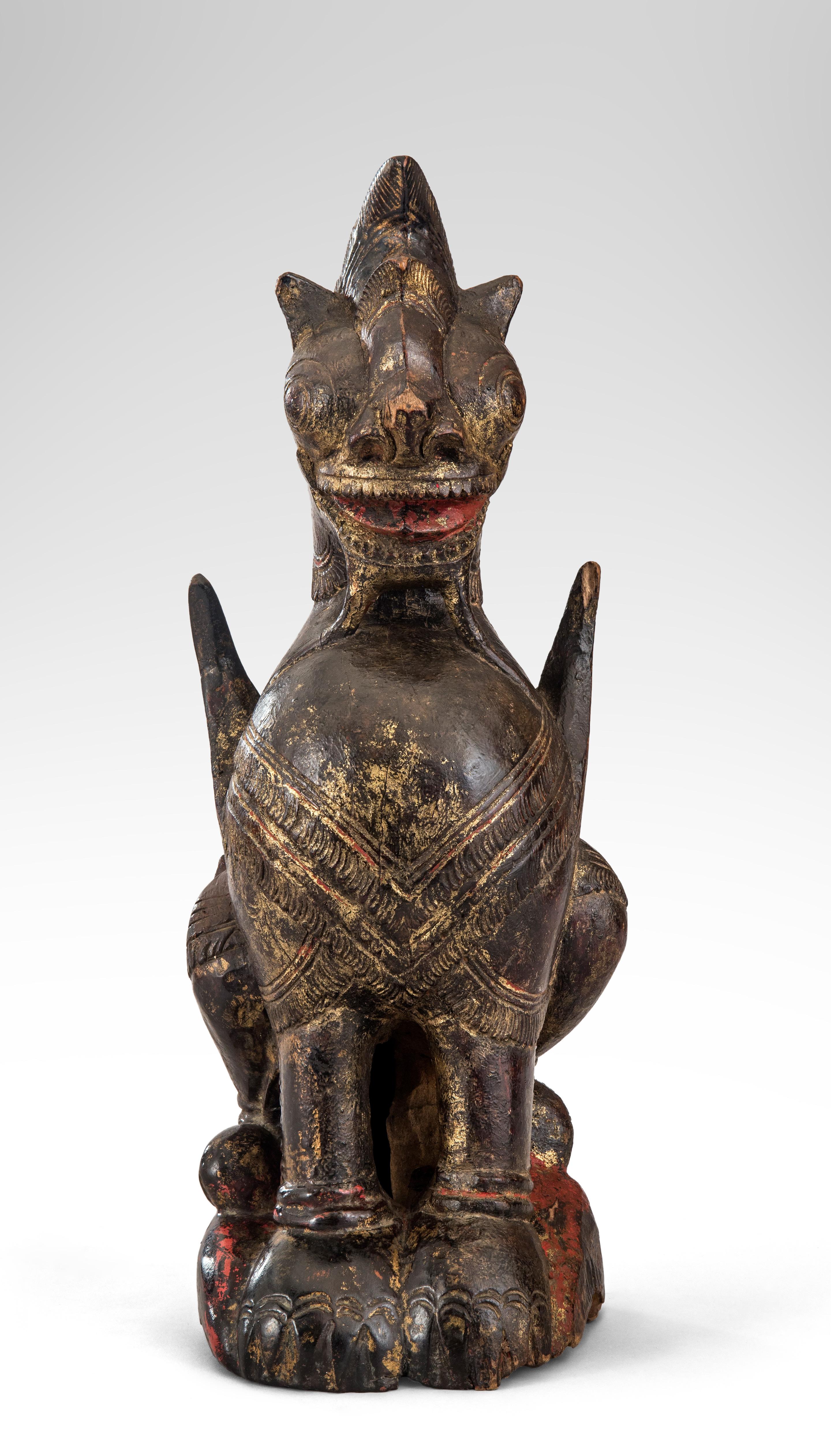 Painted Thai Mythological Guardian Lion Sculpture For Sale