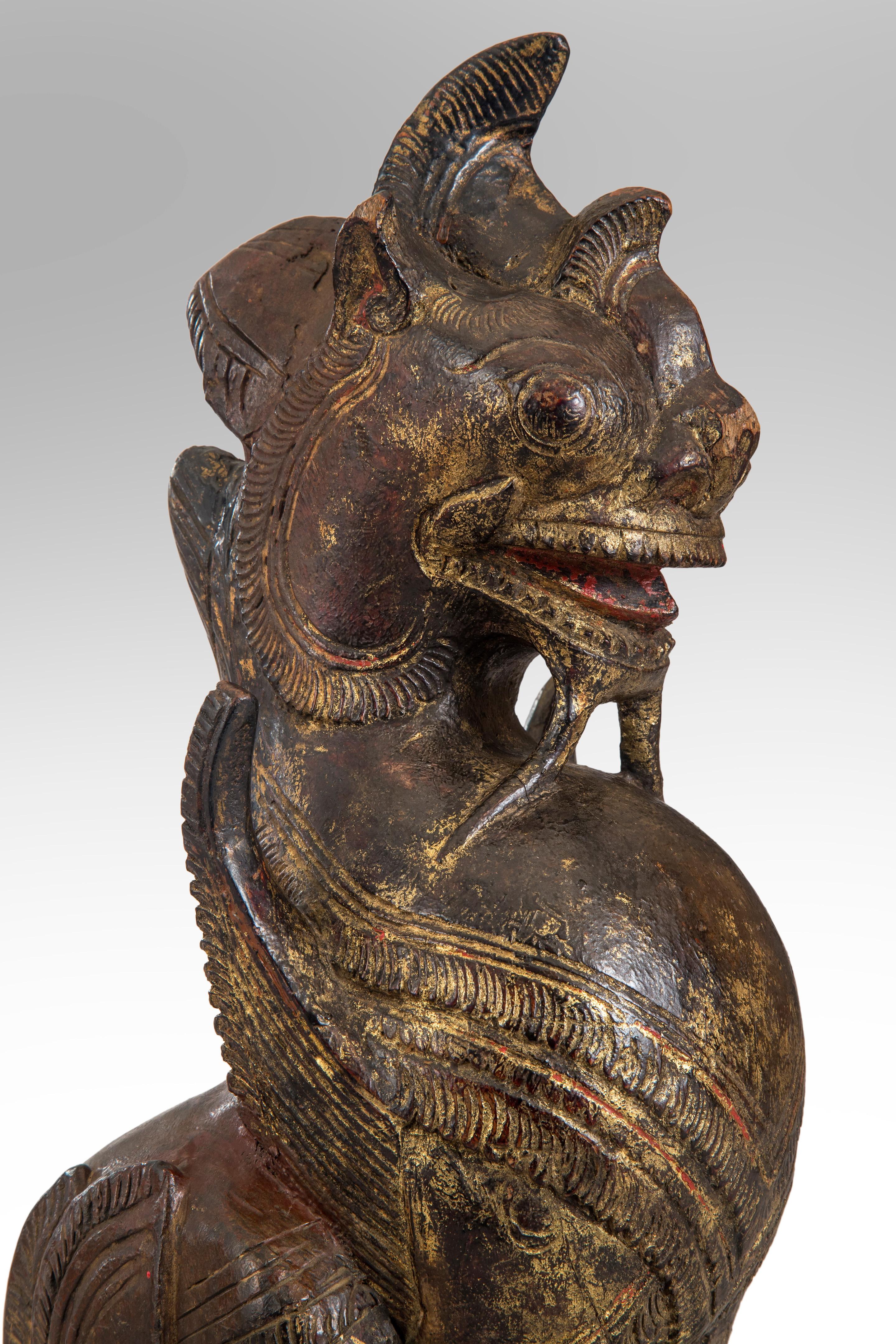 Wood Thai Mythological Guardian Lion Sculpture For Sale