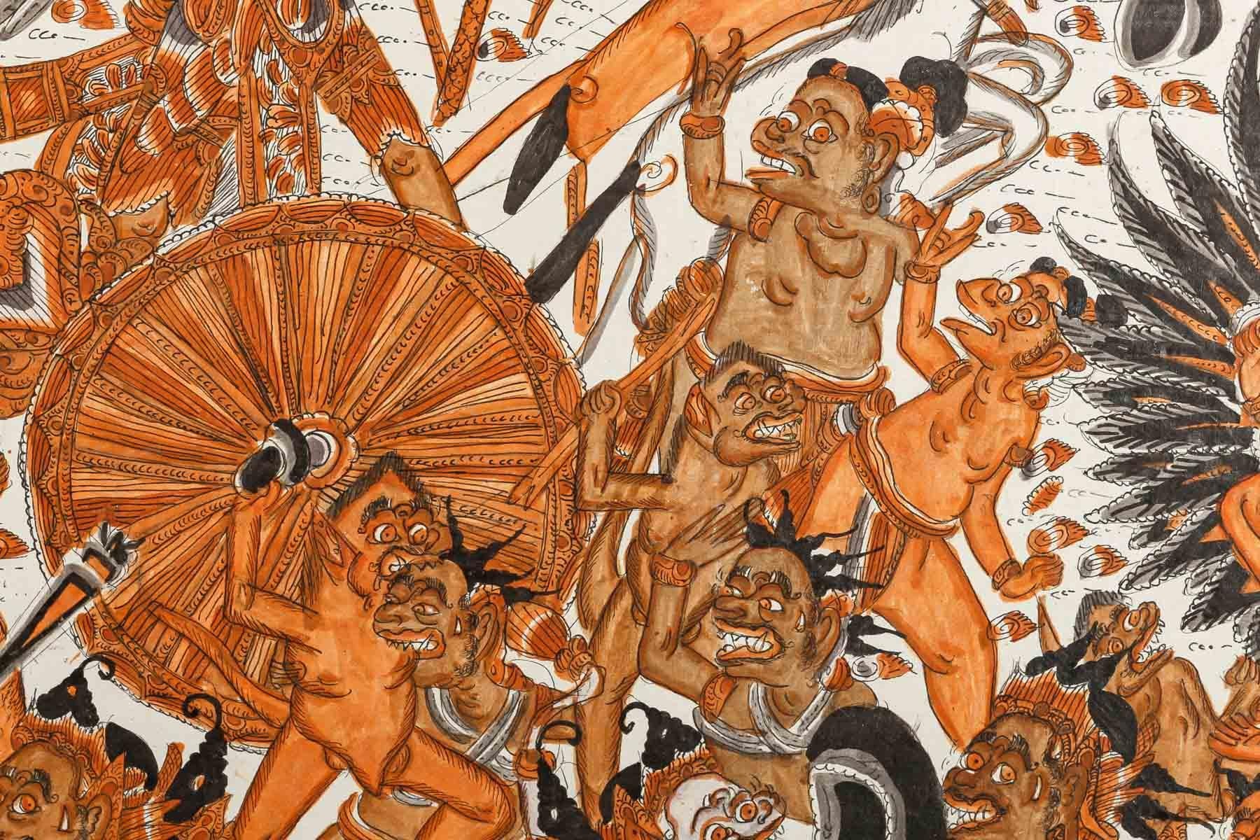 Anglo-indien Peinture thaïlandaise représentant la guerre entre le ciel et l'enfer, vers 1960 en vente