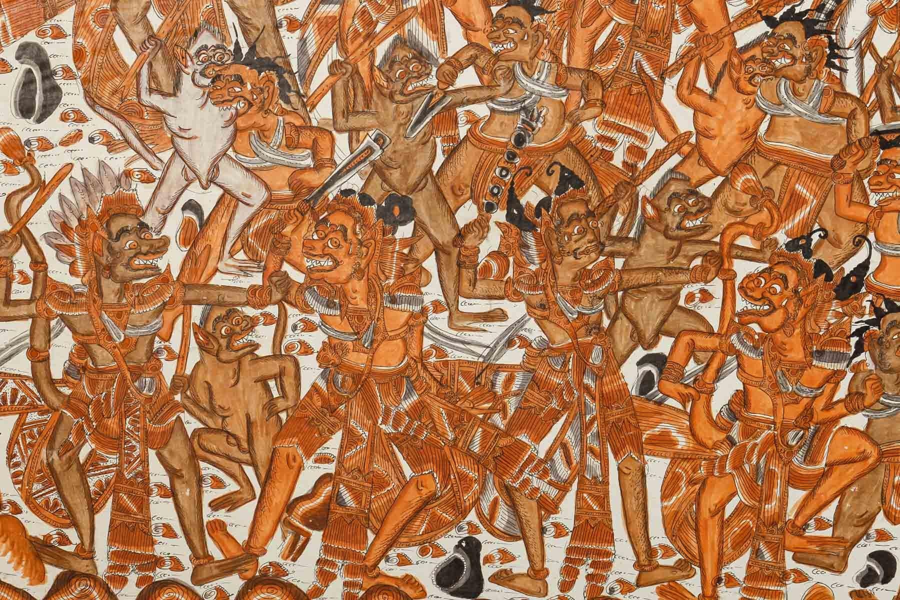 Thaïlandais Peinture thaïlandaise représentant la guerre entre le ciel et l'enfer, vers 1960 en vente