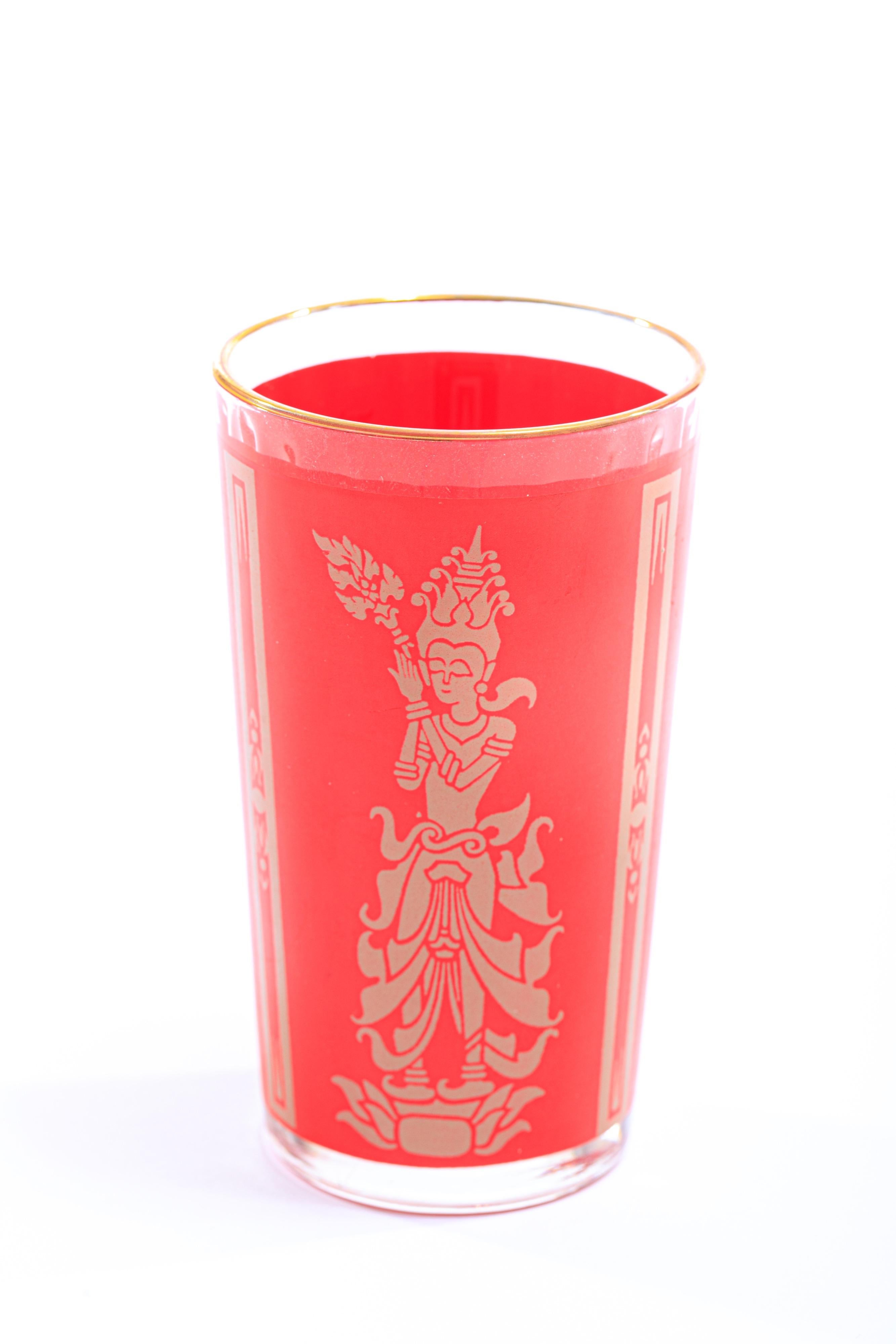 Vintage and chic with gold rims, these Thai Princess cocktail tumblers are in excellent original condition and feature a Thai Princess in beige set against a traditional Chinese red backdrop. Perfect accent to Asian or chinoiserie decor set atop an