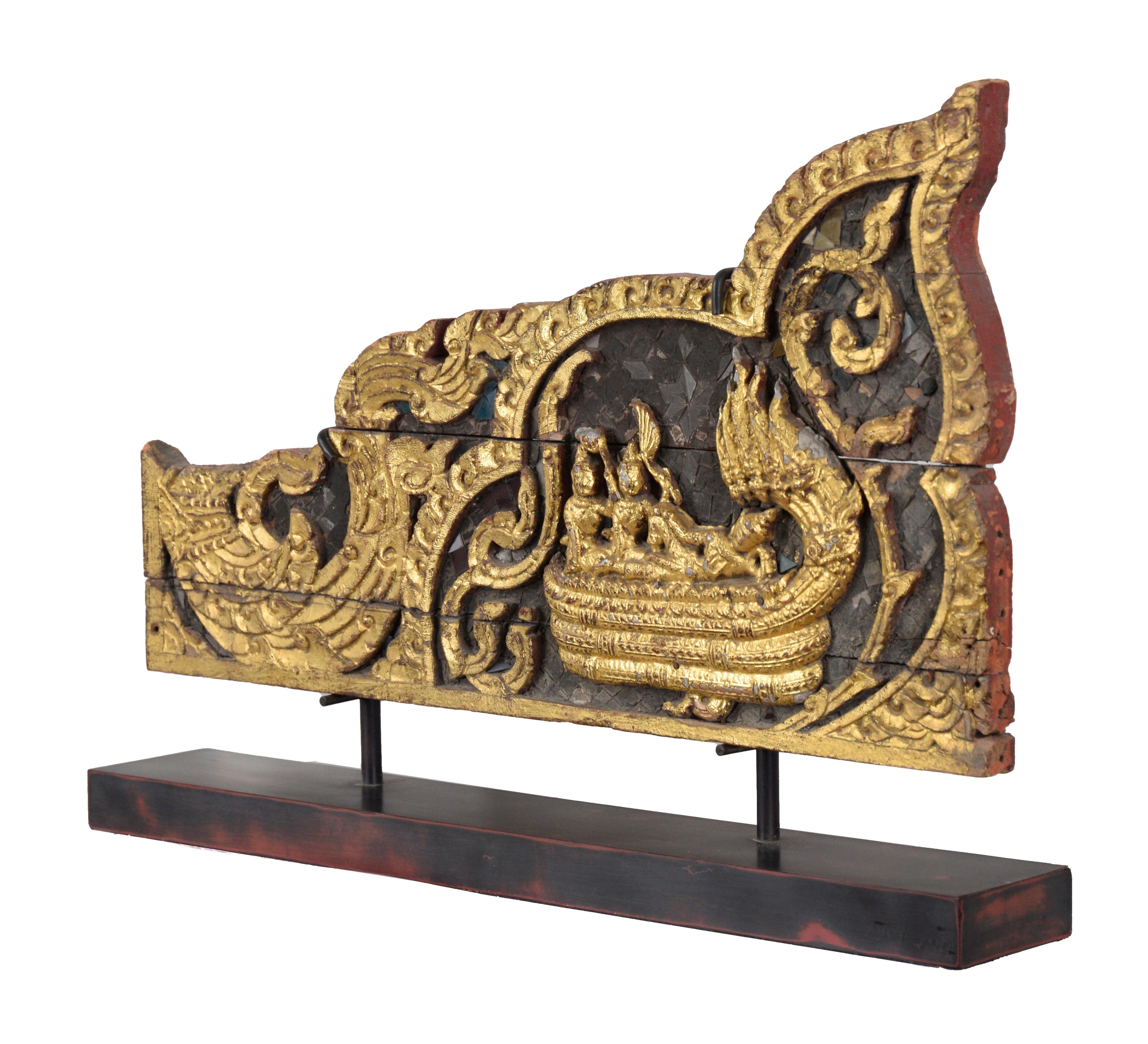 Glass Thai Rattanakosin-Era Carved and Gilded Throne Side Panels (pair) For Sale