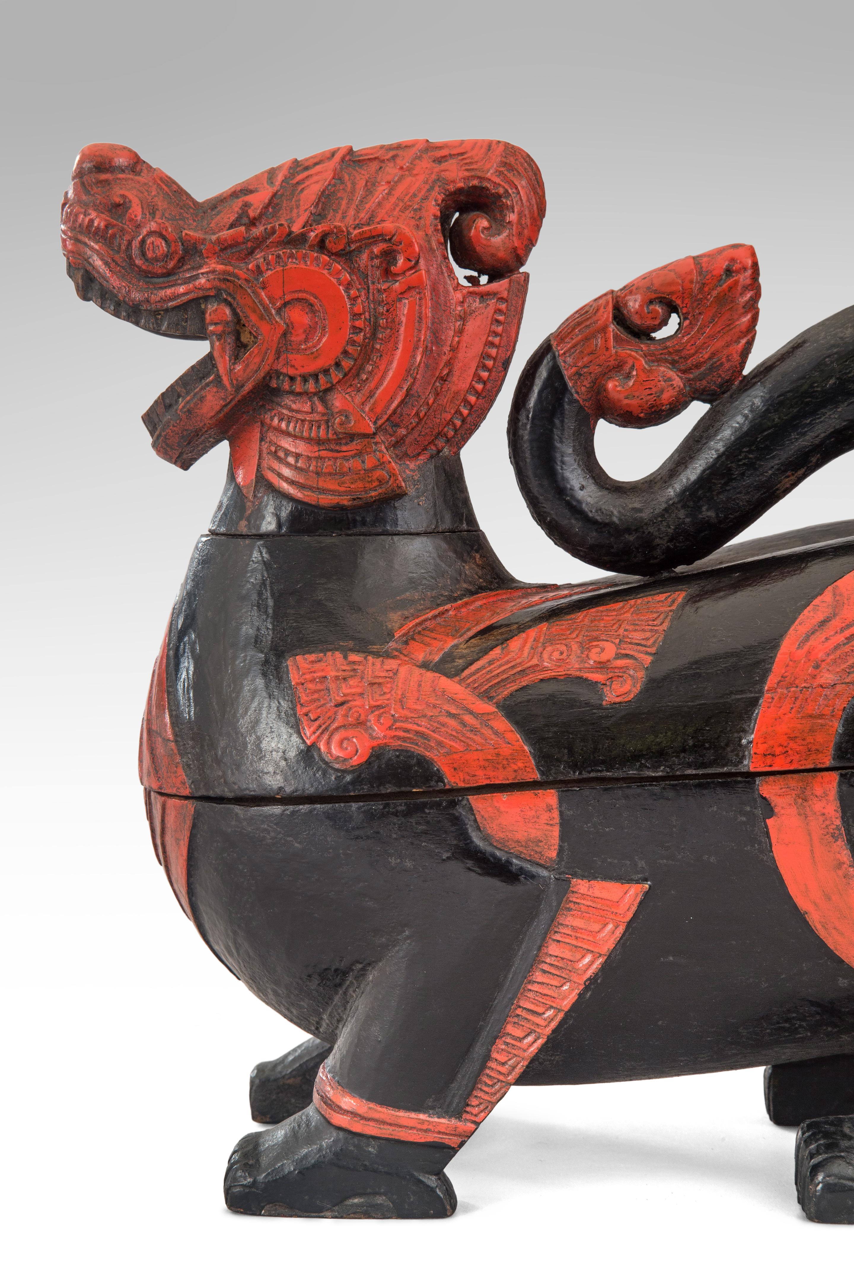 Painted Thai Red and Black Mythological Guardian Lion Box