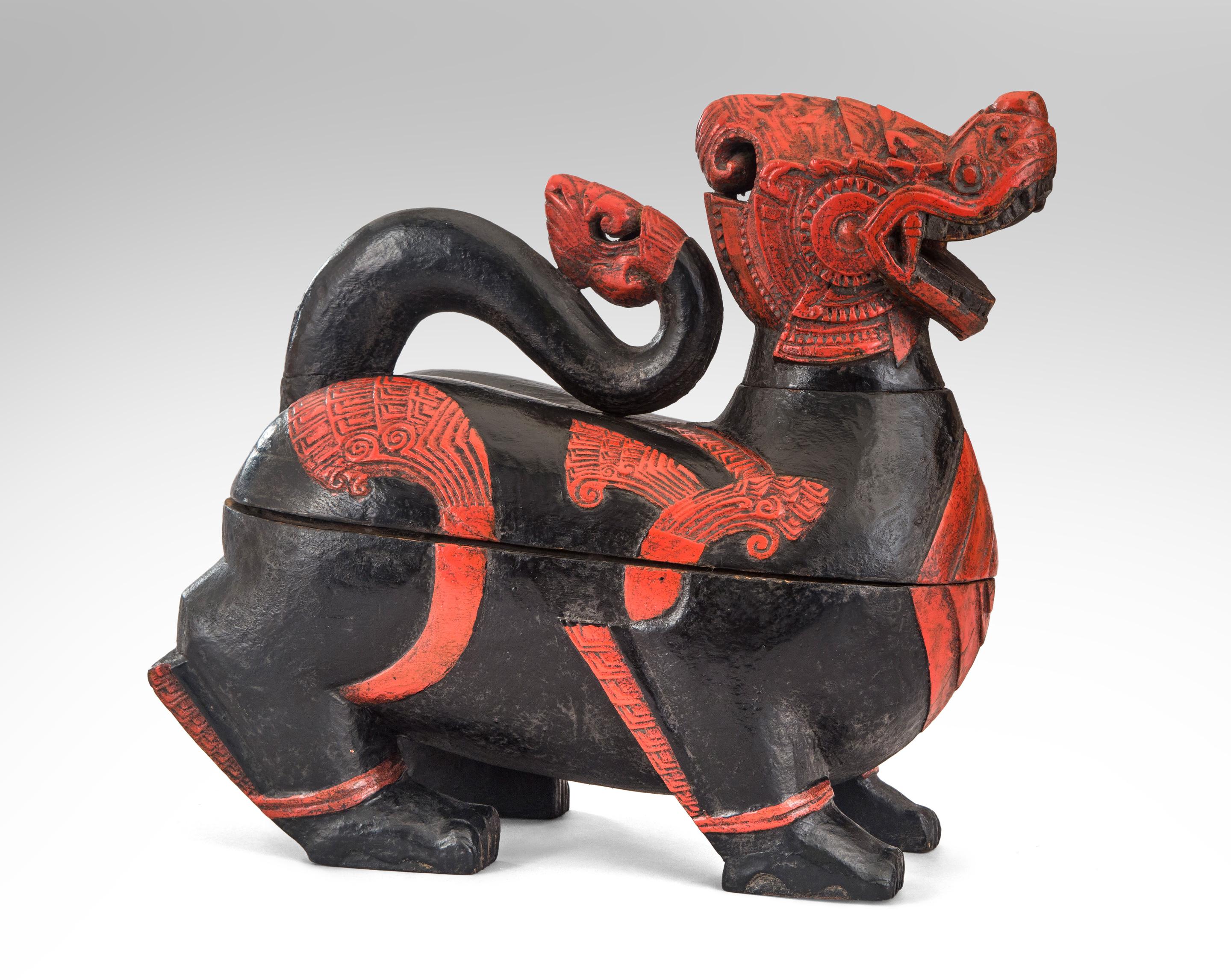 20th Century Thai Red and Black Mythological Guardian Lion Box