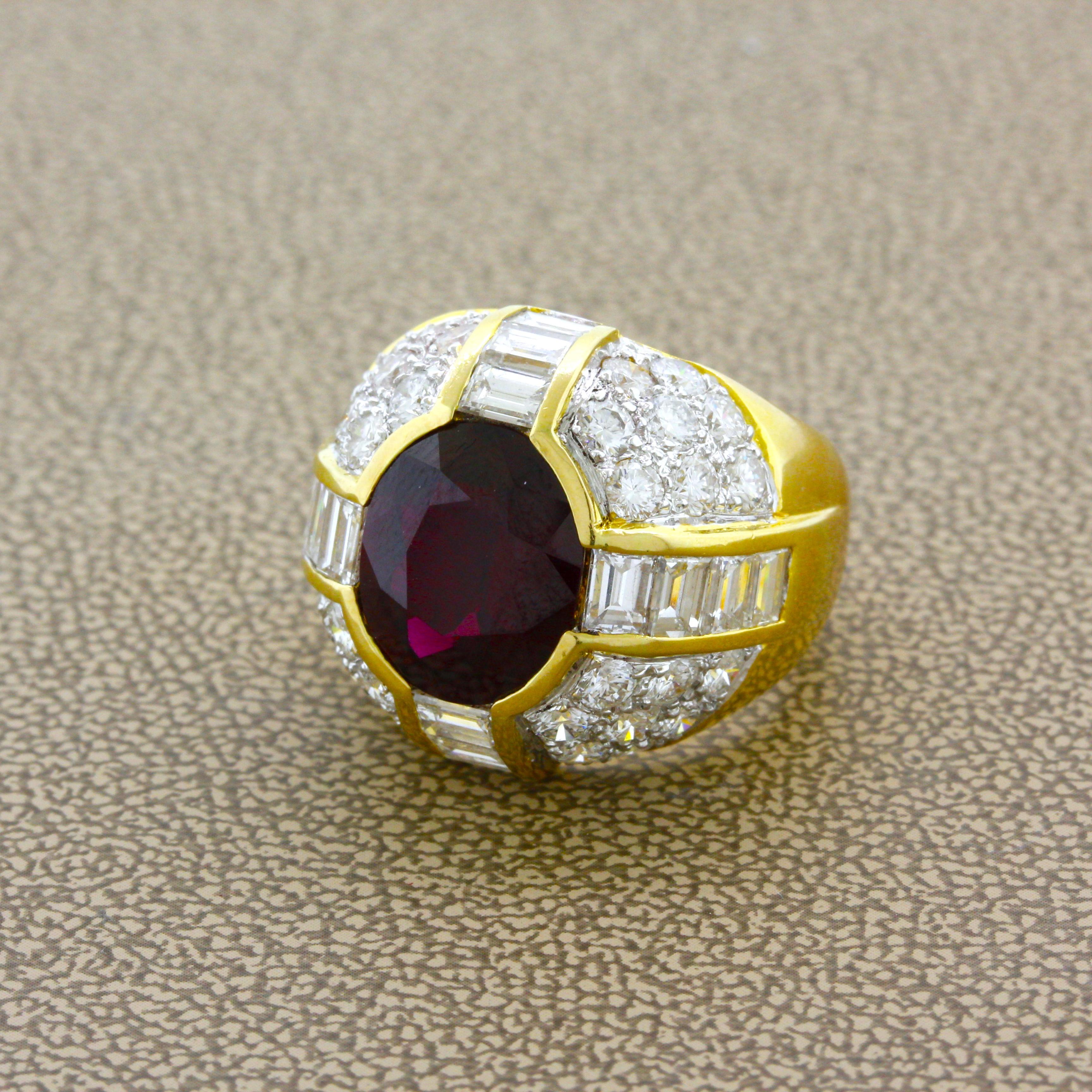 Taille ovale Thai Ruby Diamond Gold Dome Ring, AGL Certified (bague à dôme en or avec rubis et diamants thaïlandais) en vente