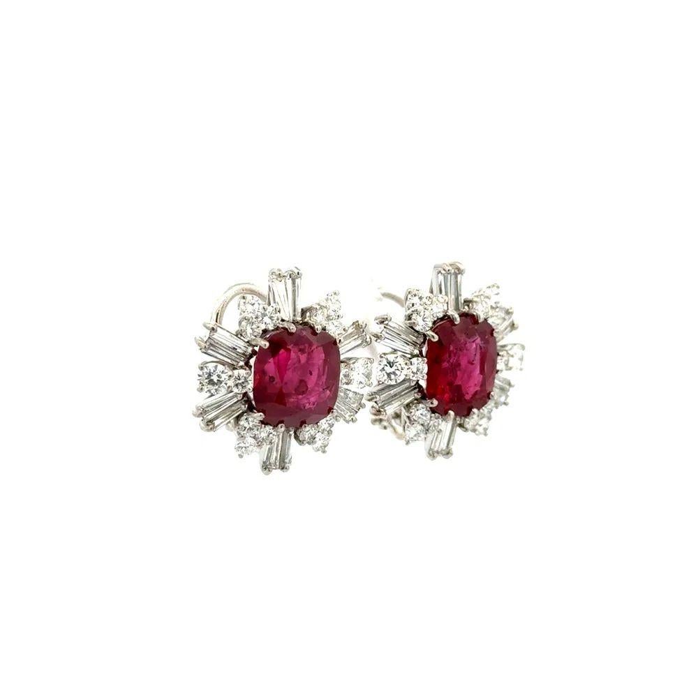 Simply Beautiful! Finely detailed Thai Ruby GIA and Baguette and RBC Diamond Earrings. Each earring centering a Gorgeous securely nestled Hand set GIA Thai RUBY, weighing approx. 4.87 Carats, and the other 4.43 Carats. GIA reports attached.