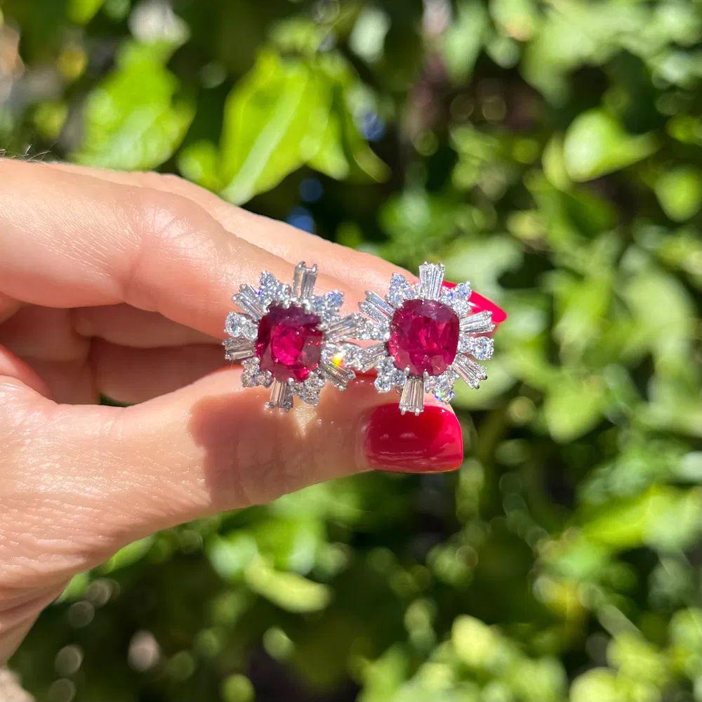 Modernist Thai Ruby GIA and Diamond Platinum Statement Earrings For Sale