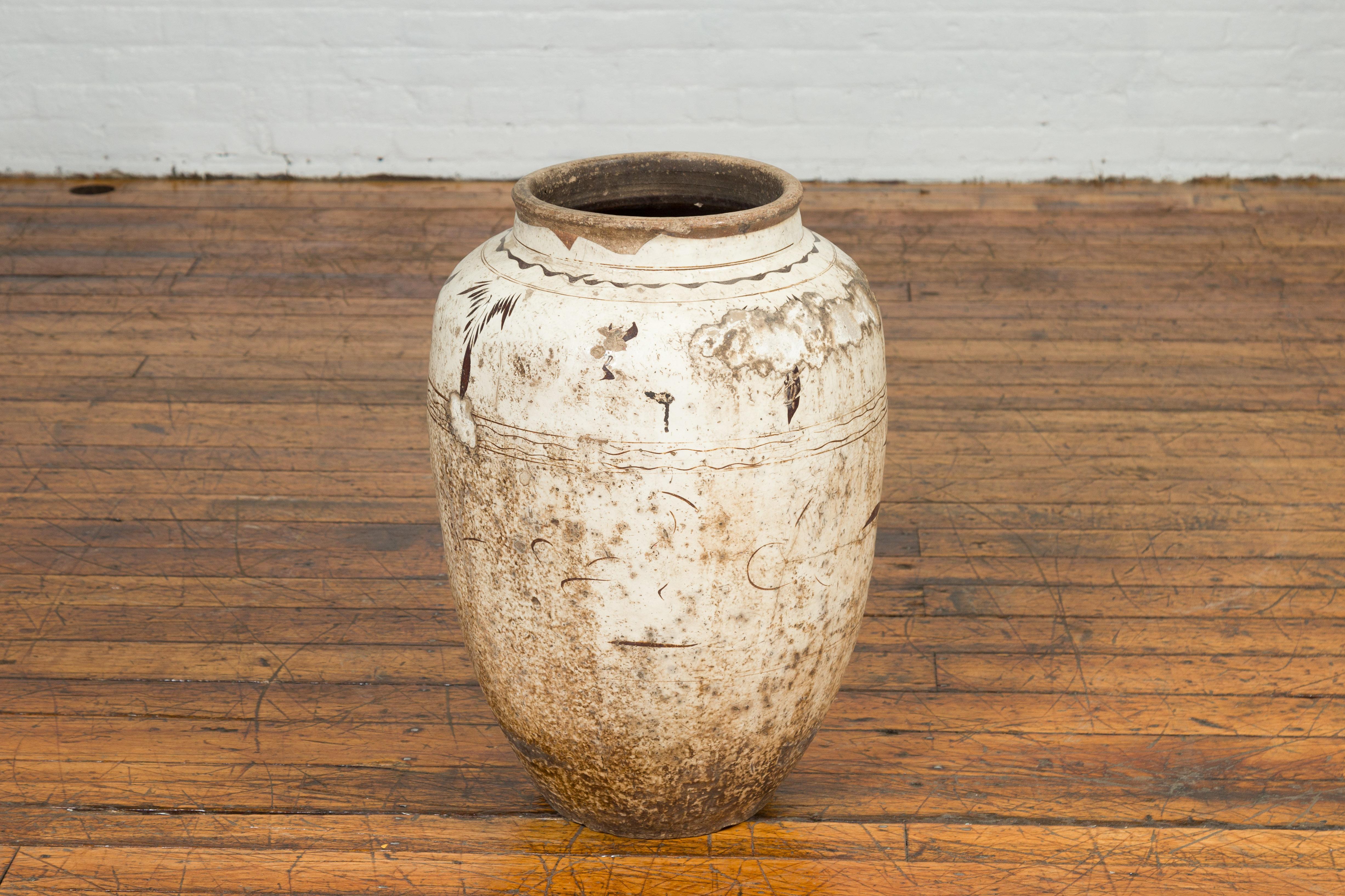 Ceramic Thai Sawankhalok 1850s Exterior Water Jar with Distressed White Patina For Sale