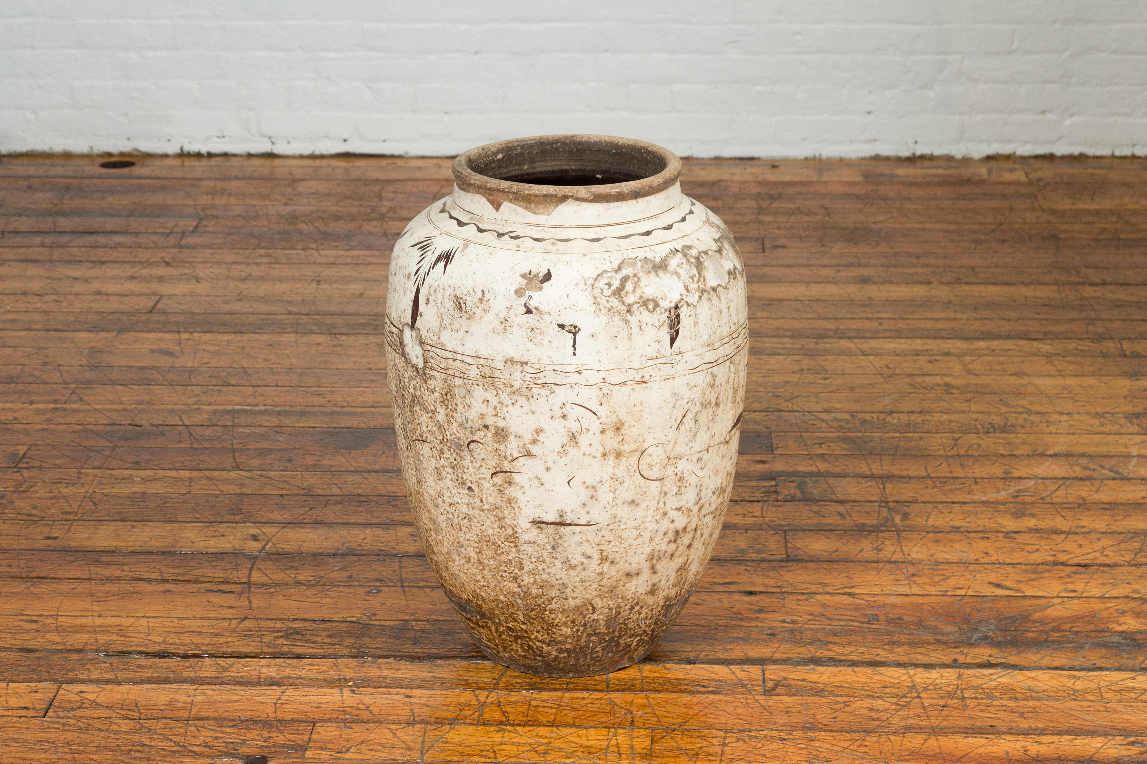 Thai Sawankhalok 1850s Exterior Water Jar with Distressed White Patina For Sale 1