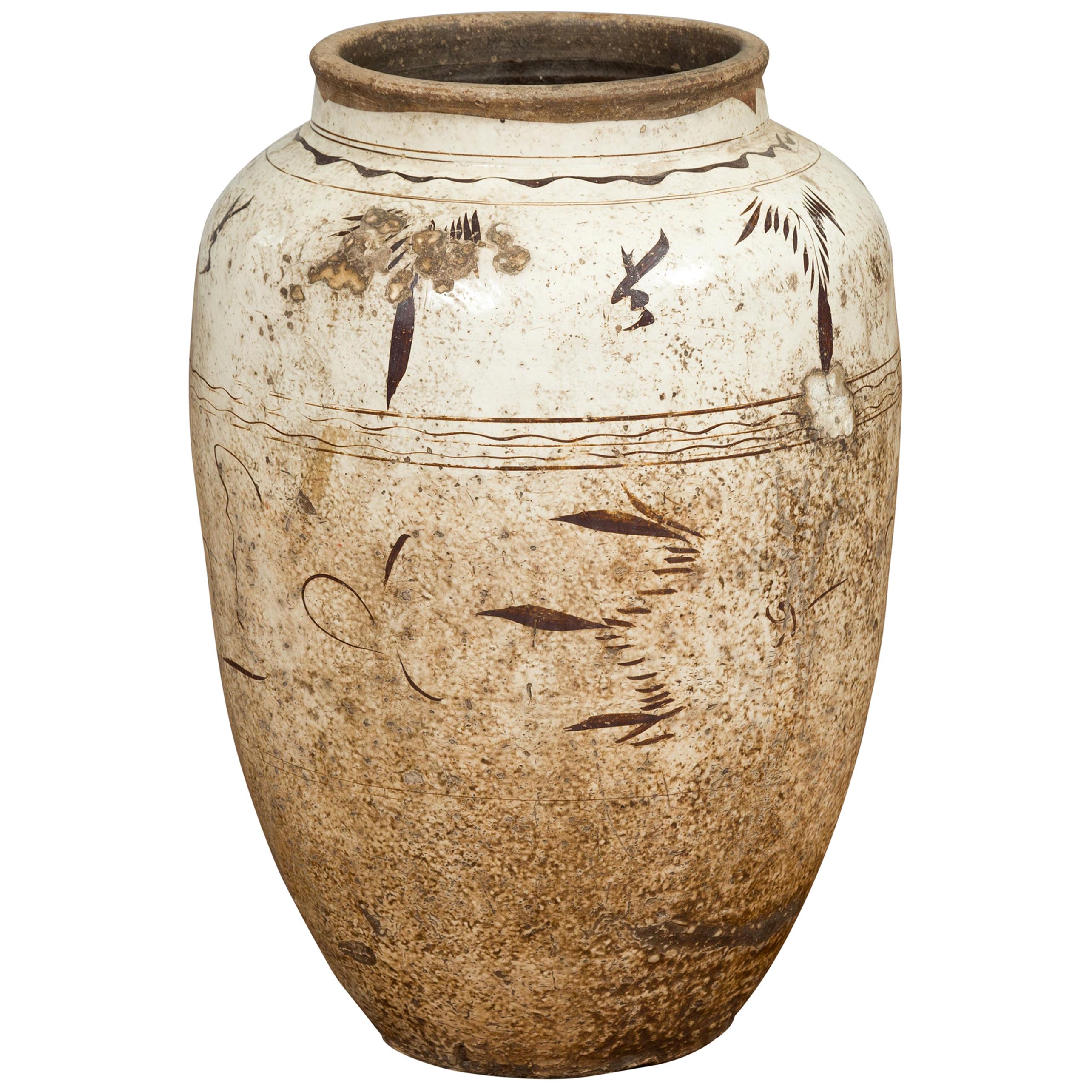 Thai Sawankhalok 1850s Exterior Water Jar with Distressed White Patina