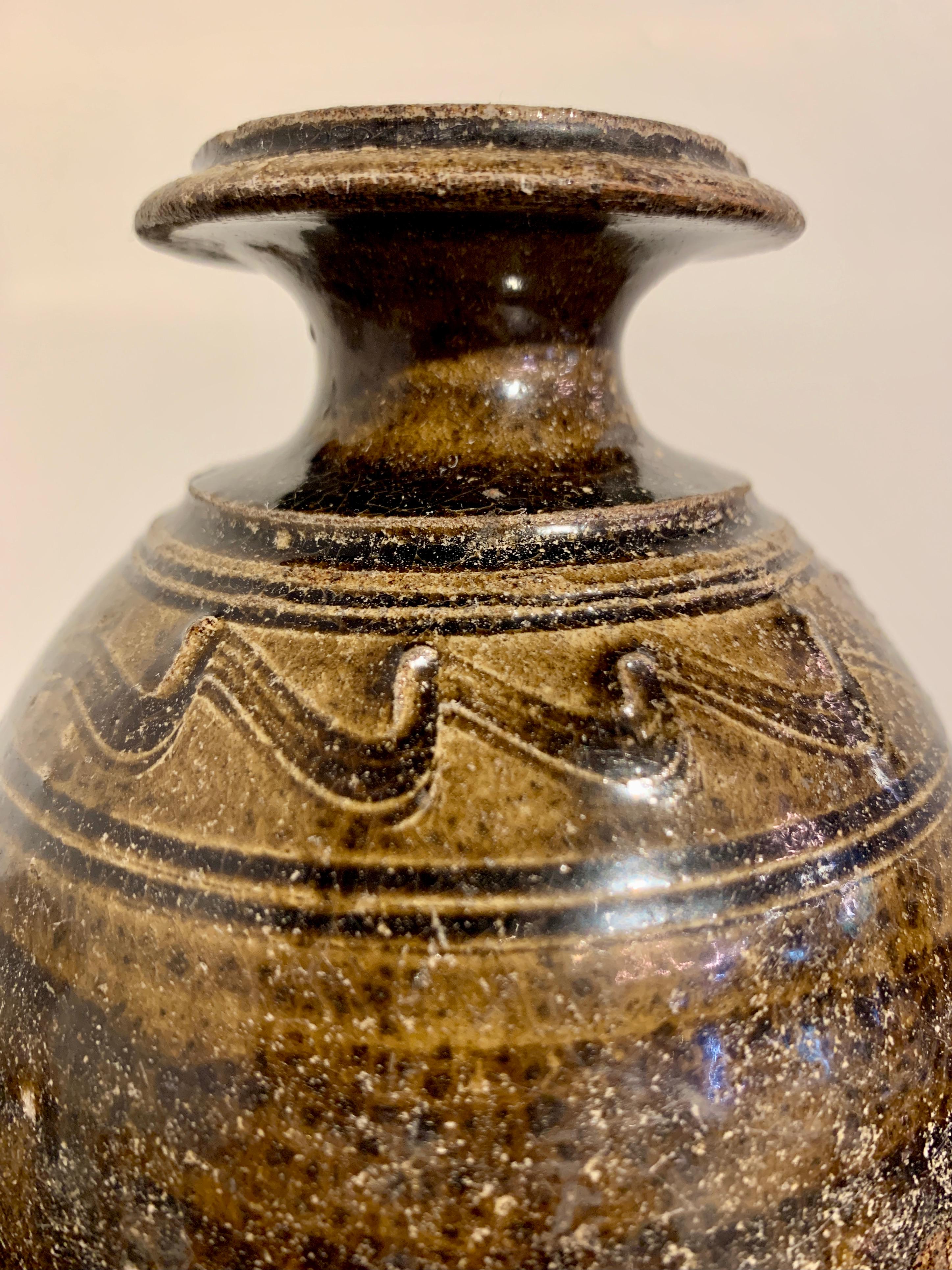 18th Century and Earlier Thai Sawankhalok Olive Glazed Bottle Vase, 14th-16th Century, Thailand