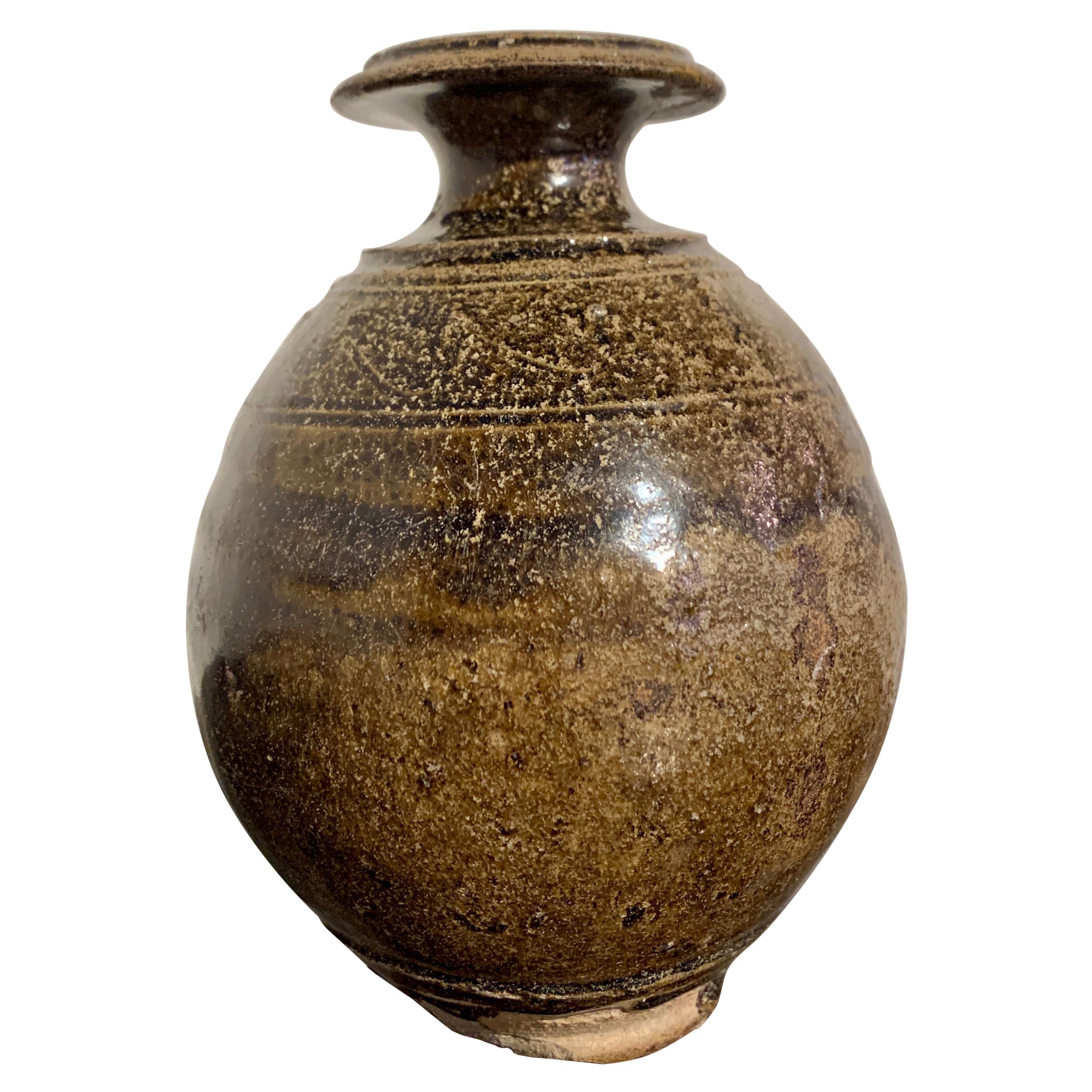Thai Sawankhalok Olive Glazed Bottle Vase, 14th-16th Century, Thailand