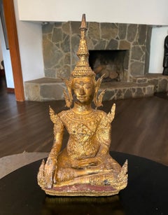 Thai Siam Bronze Gilt Rattanakosin Kingdom Seated Temple Shrine Buddha, 1800s
