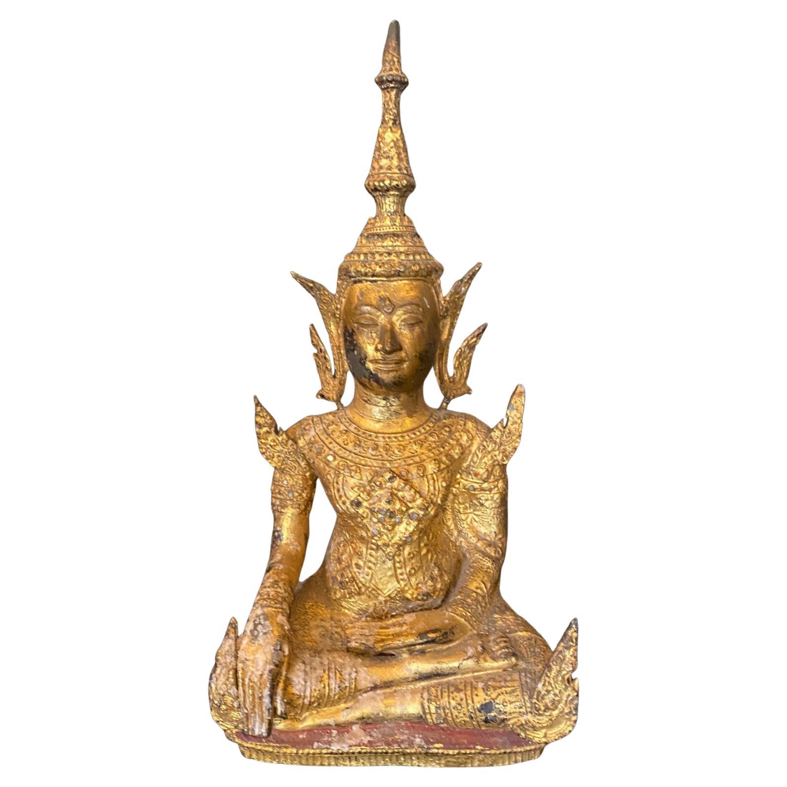 Thai Siam Bronze Gilt Rattanakosin Kingdom Seated Temple Shrine Buddha, 1800s