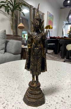 Thai Siam Bronze Gilt Rattanakosin Kingdom Standing Temple Shrine Buddha, 1800s