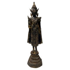 Thai Siam Bronze Gilt Rattanakosin Kingdom Standing Temple Shrine Buddha, 1800s
