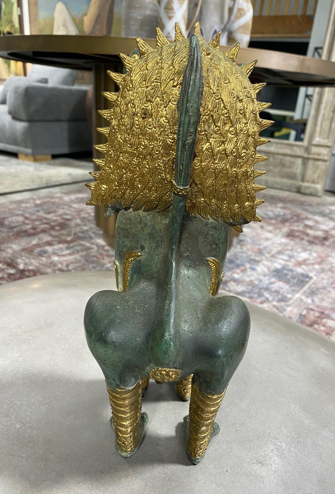 Thai Siam Khmer Bronze Gilt Singha Imperial Lion Foo Dog Temple Sculpture For Sale 2