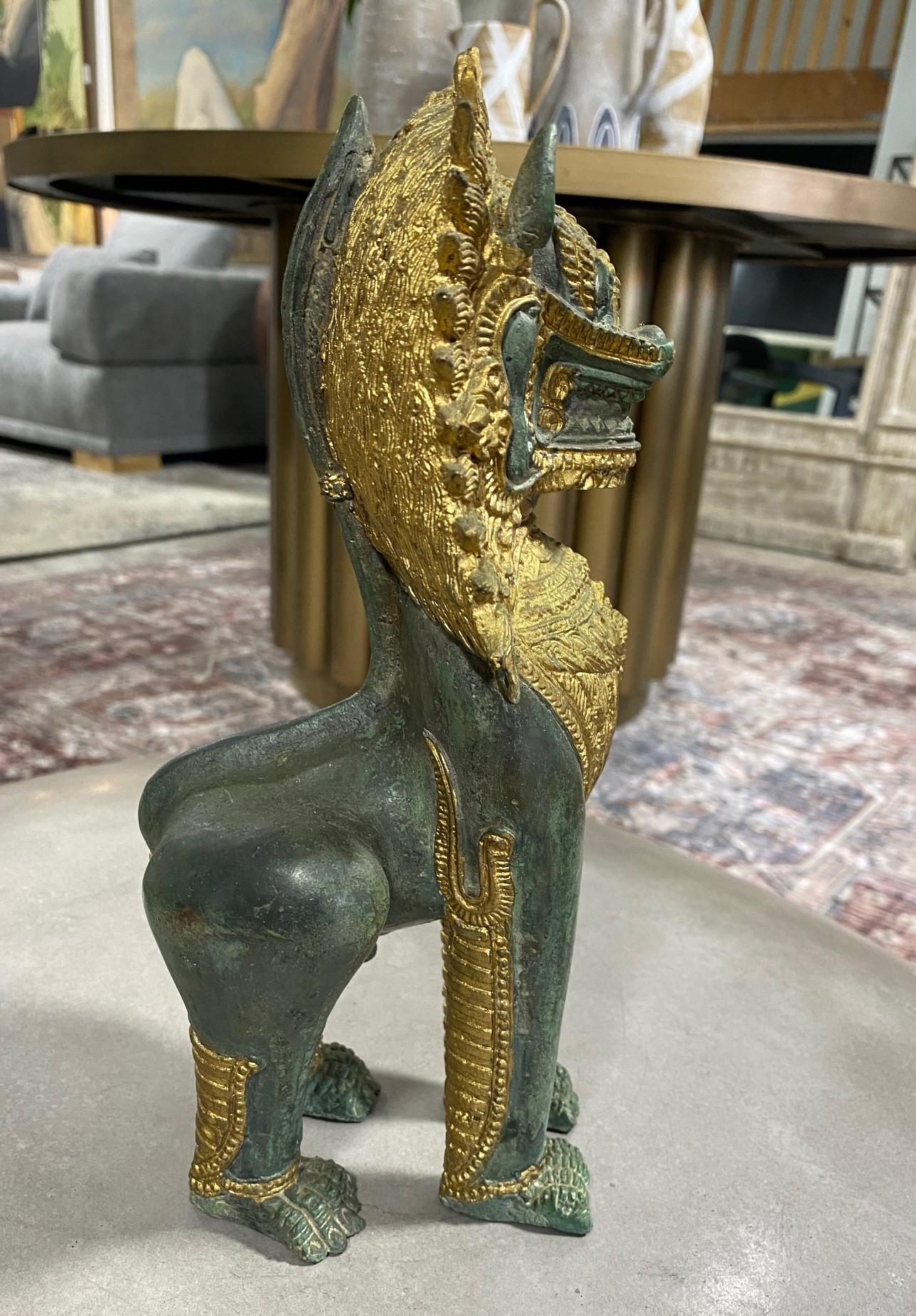 Thai Siam Khmer Bronze Gilt Singha Imperial Lion Foo Dog Temple Sculpture For Sale 5