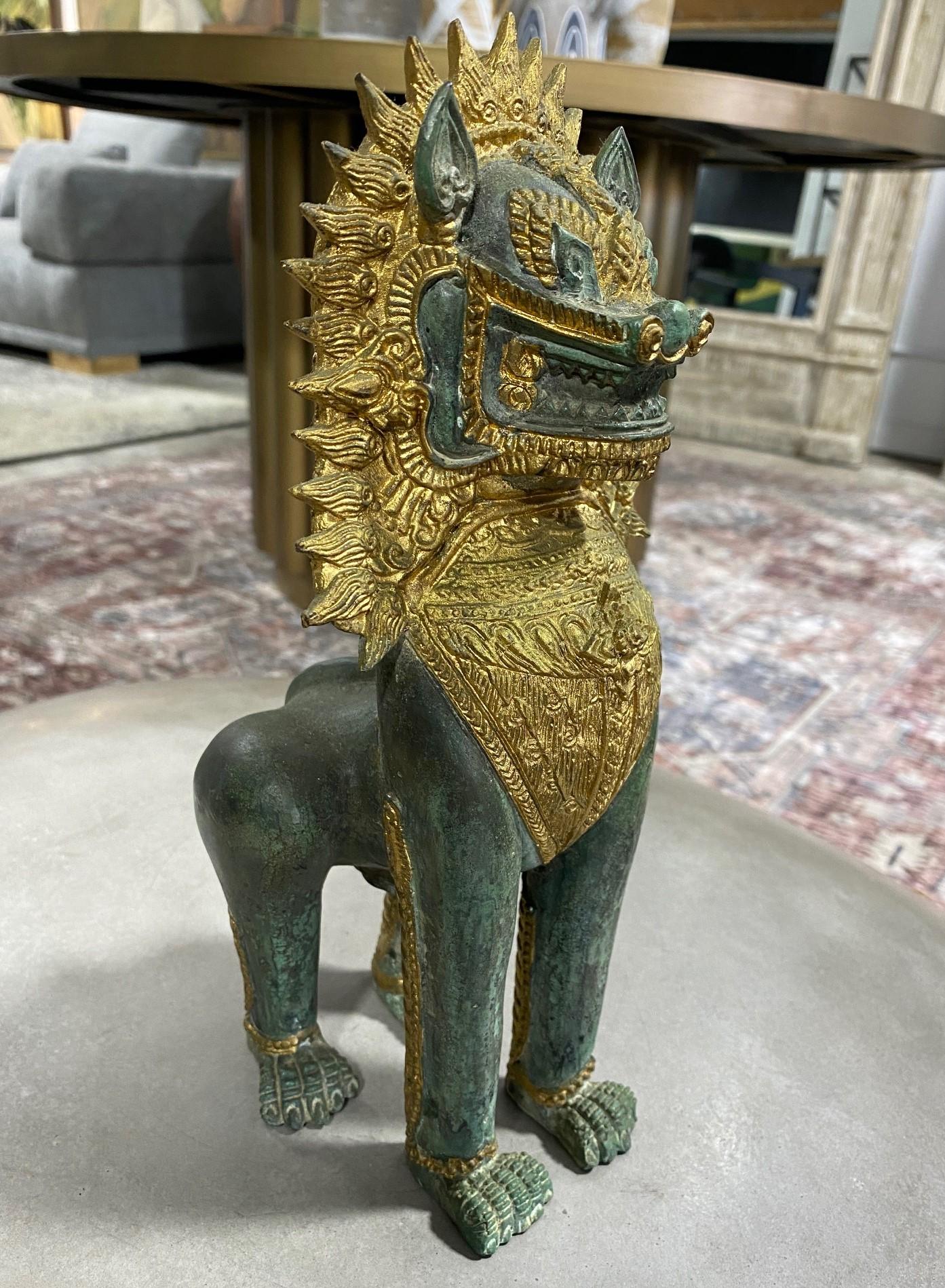 Thai Siam Khmer Bronze Gilt Singha Imperial Lion Foo Dog Temple Sculpture For Sale 6