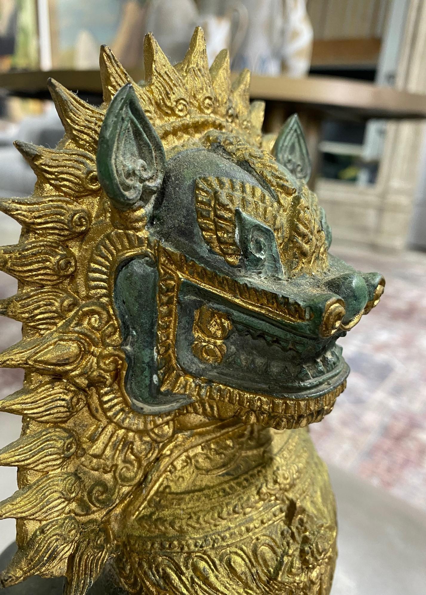 Thai Siam Khmer Bronze Gilt Singha Imperial Lion Foo Dog Temple Sculpture For Sale 7