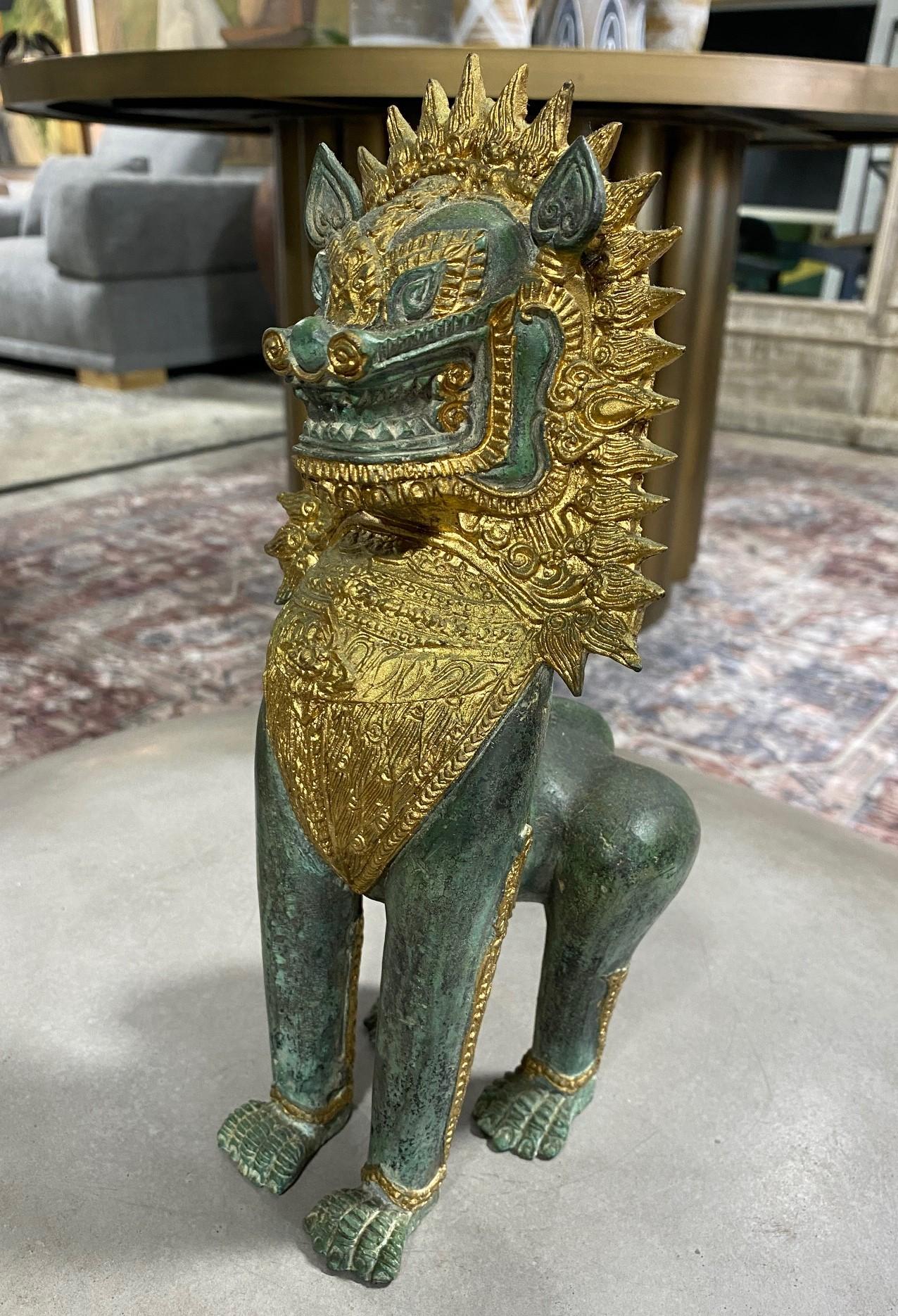 20th Century Thai Siam Khmer Bronze Gilt Singha Imperial Lion Foo Dog Temple Sculpture For Sale