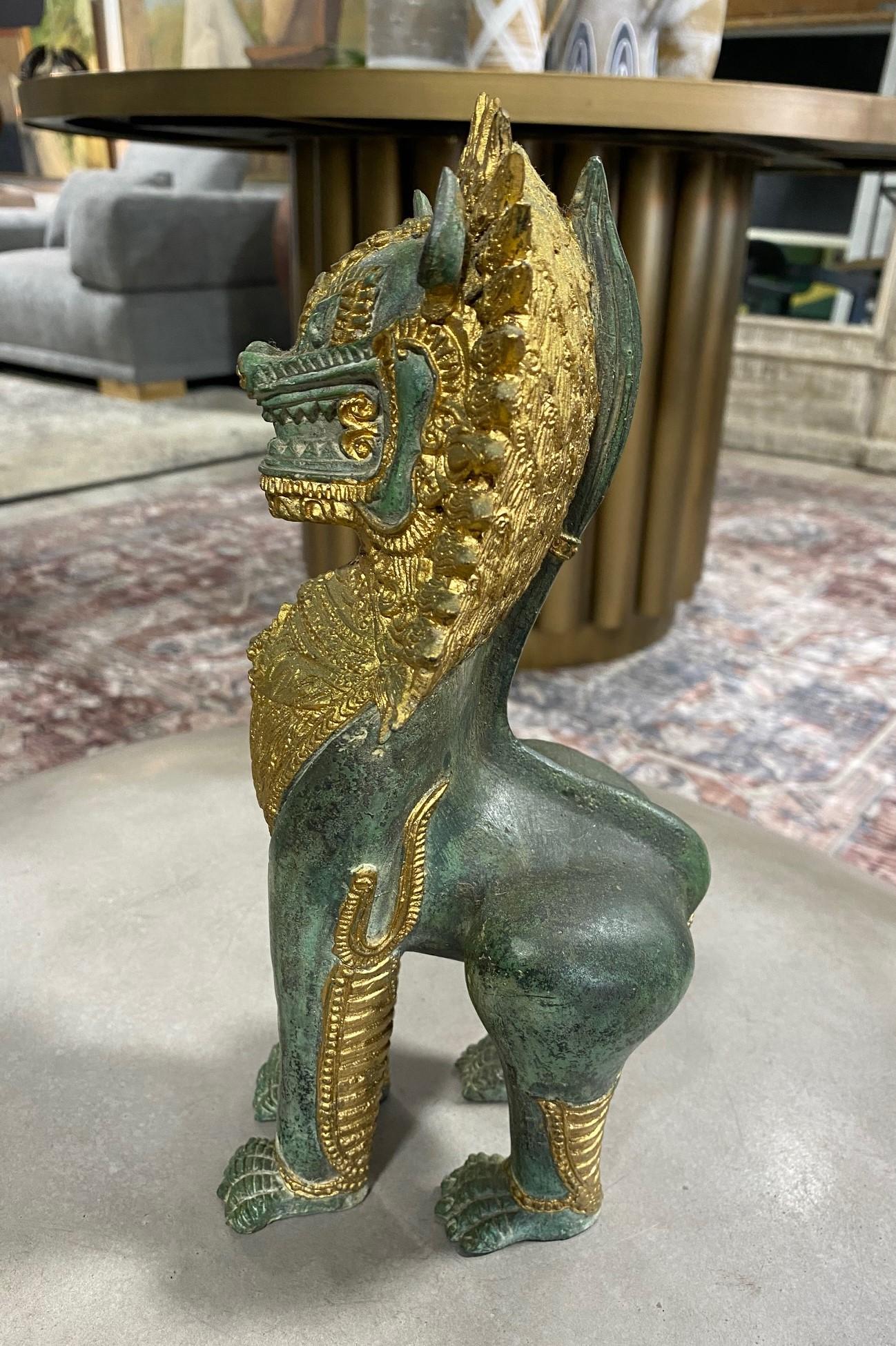 Metal Thai Siam Khmer Bronze Gilt Singha Imperial Lion Foo Dog Temple Sculpture For Sale