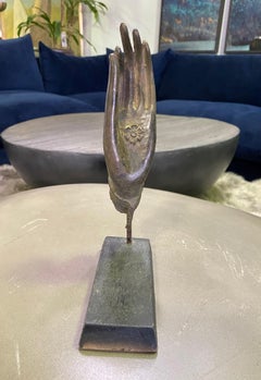 Thai Siamese Asian Bronze Buddha Hand Fragment Vitarka Mudra on Wood Stand