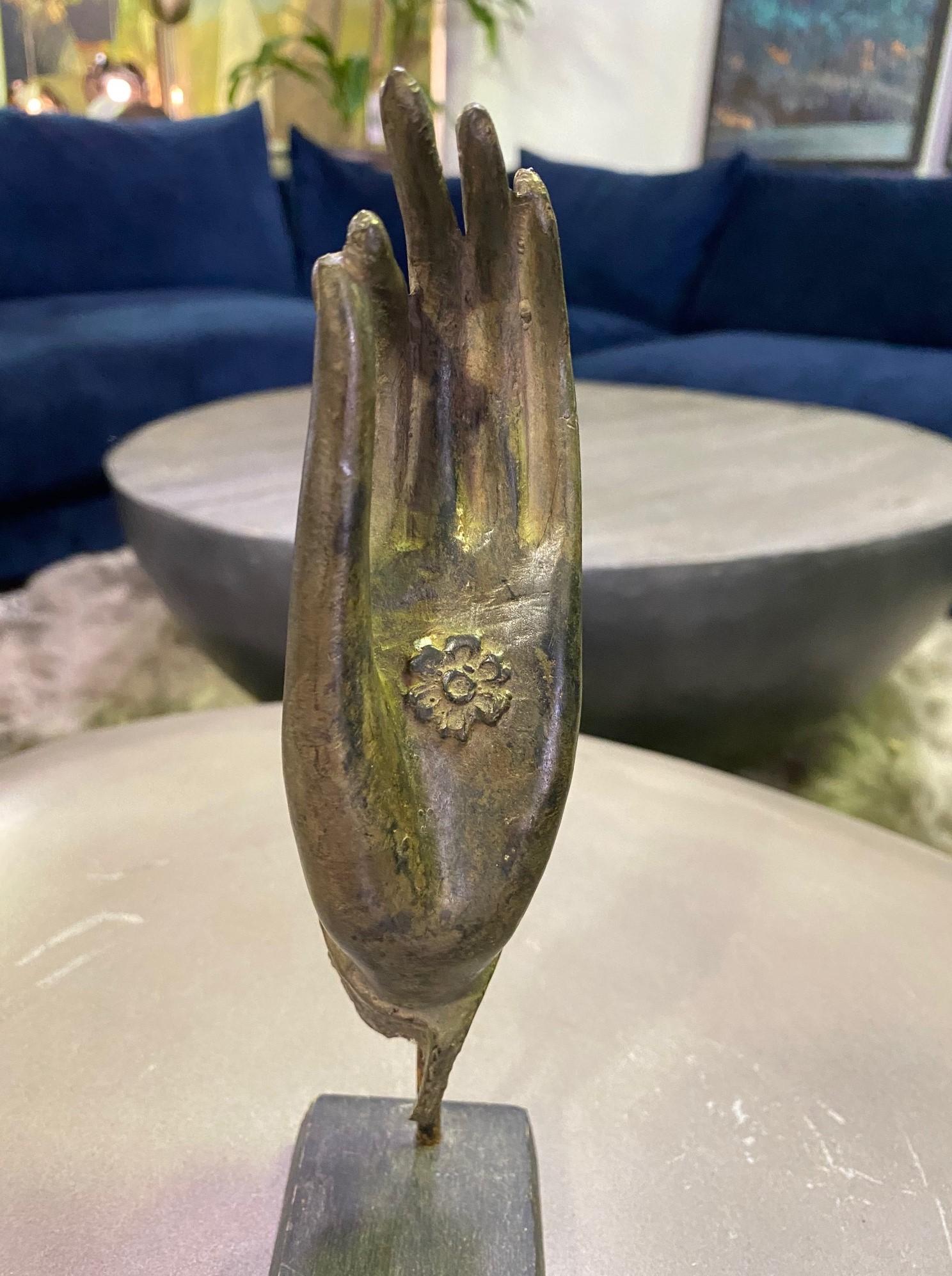 Thai Siamese Asian Bronze Buddha Hand Fragment Vitarka Mudra on Wood Stand In Good Condition In Studio City, CA