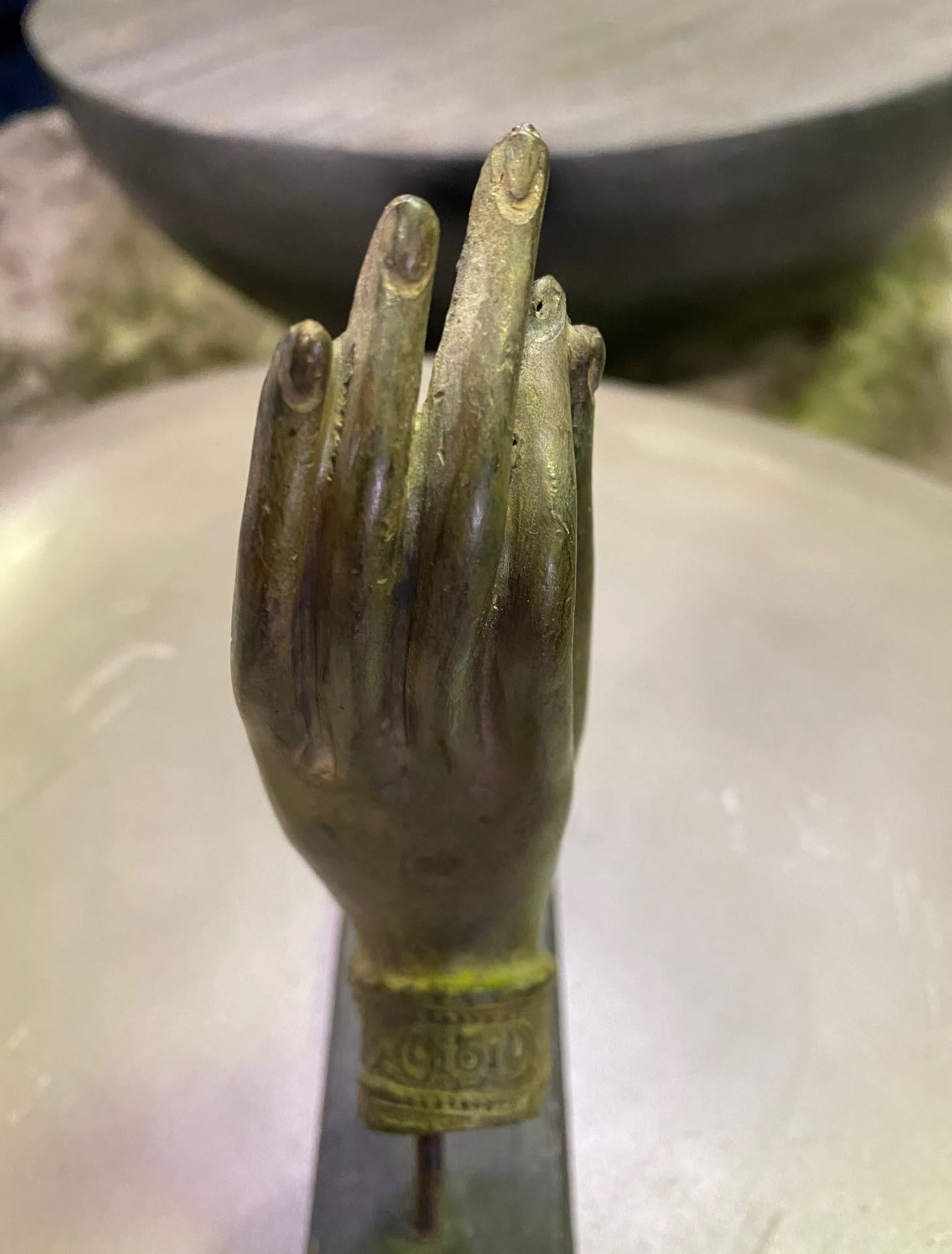 Thai Siamese Asian Bronze Buddha Hand Fragment Vitarka Mudra on Wood Stand 5