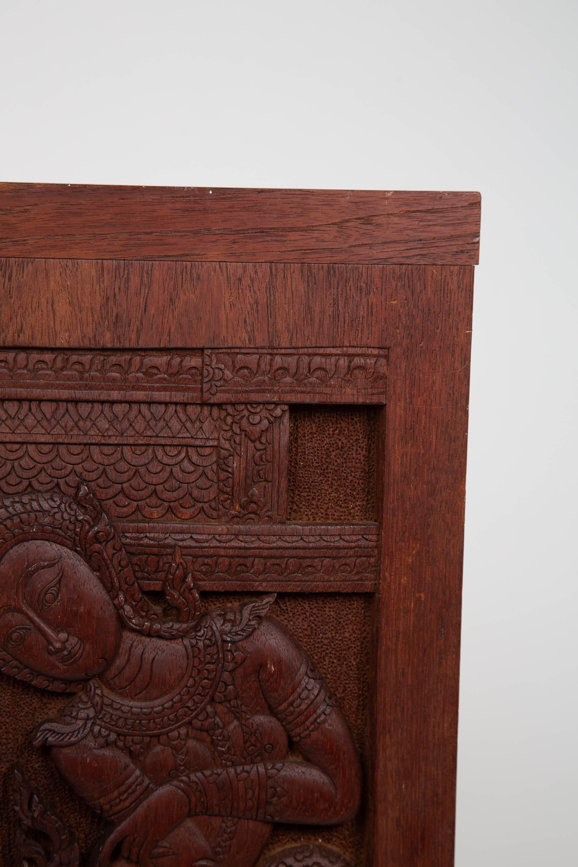 Tribal Thai Siamese Carved Teak Wood Panel of Temple Goddess For Sale