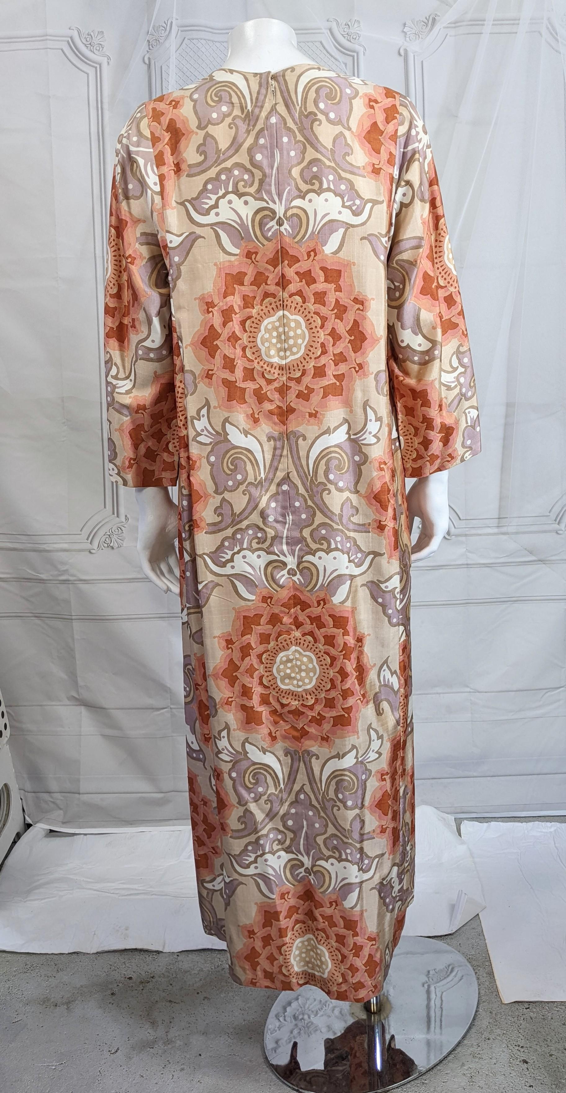 Brown Thai Silk Lotus Print Resort Dress For Sale