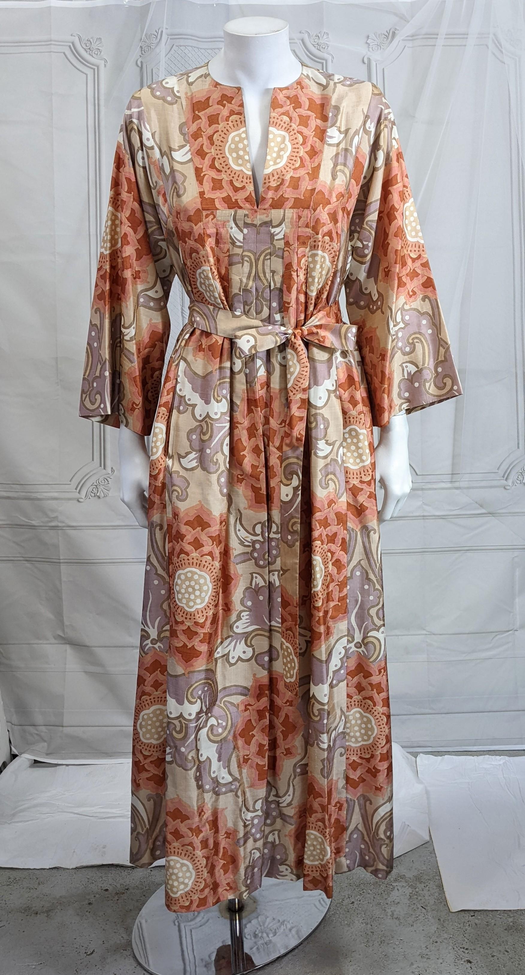 Thai Silk Lotus Print Resort Dress In Excellent Condition For Sale In New York, NY