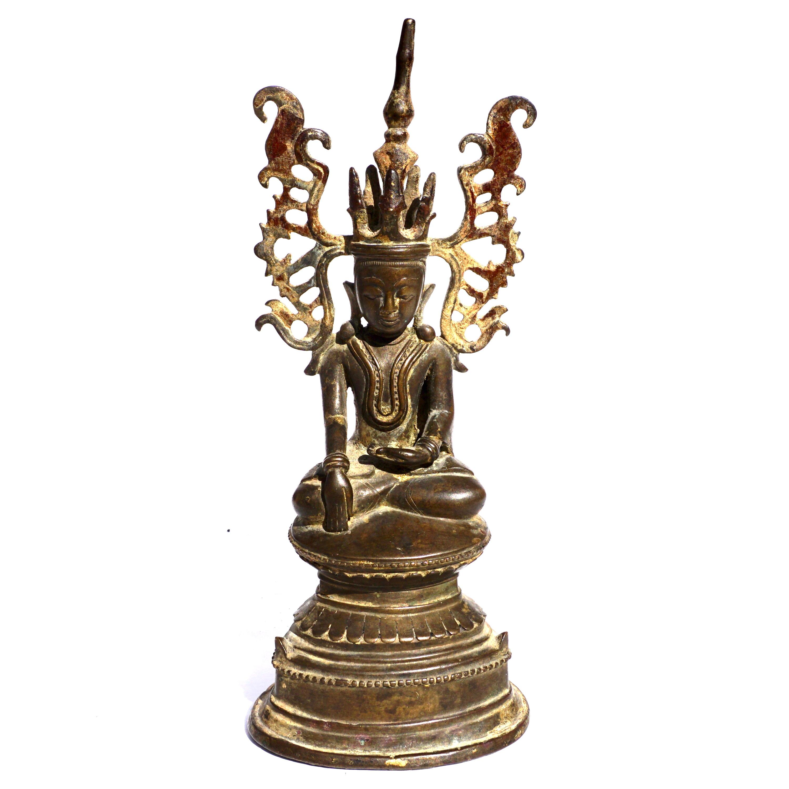 Possibly Khmir period but probably just after. Bronze buddha seated in bhumisparsha mudra on stepped base, remnants of earlier gilding throughout, I have been dealing in ancient bronze Buddhas for over 20 years now and these Thai - Southeast asian