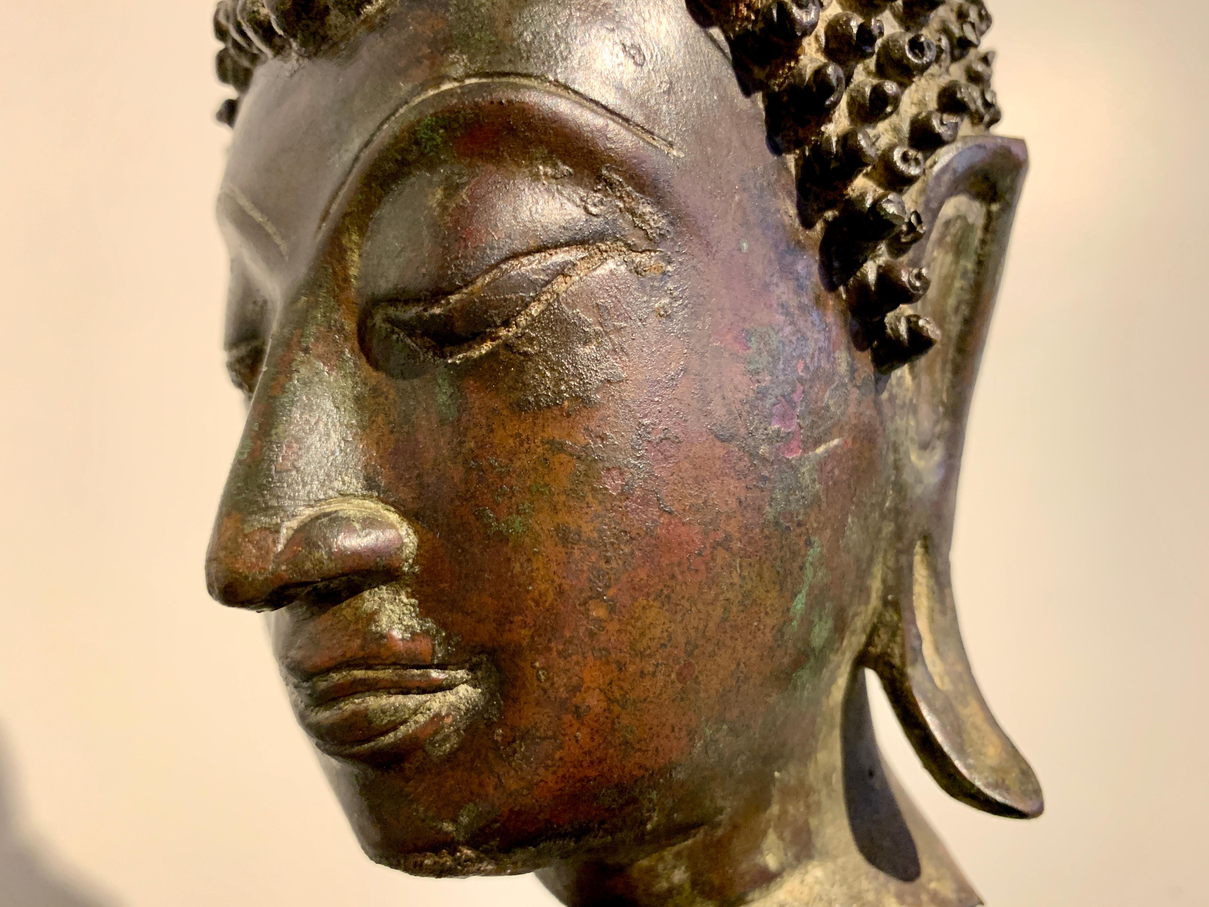 Thai Sukhothai Cast Bronze Buddha Head, 15th/16th Century, Thailand For Sale 4