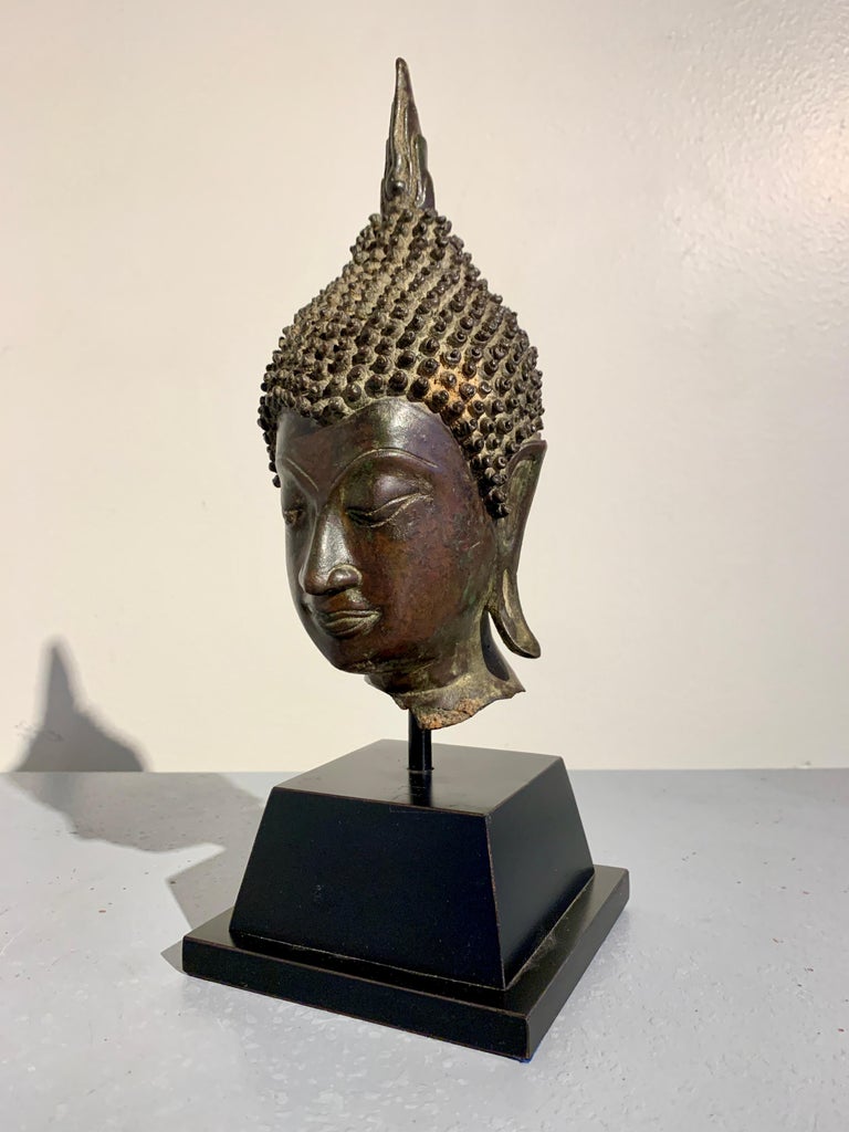 An exquisite Thai cast bronze Buddha head, Sukhothai kingdom, circa 15th century, Thailand.

The Buddha's pleasing face, with its narrow, oval shape and sharp features is exemplary of Sukhothai style. The Buddha looks outwards from downcast almost