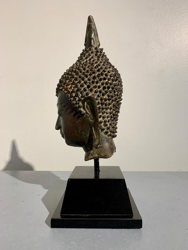 Thai Sukhothai Cast Bronze Buddha Head, 15th/16th Century, Thailand In Good Condition For Sale In Austin, TX
