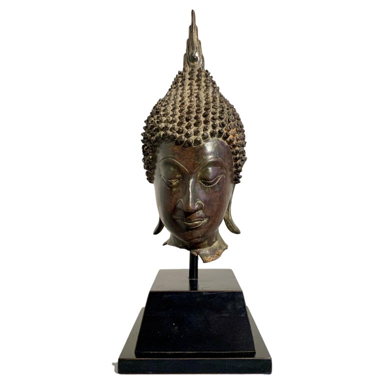 Thai Sukhothai Cast Bronze Buddha Head, 15th/16th Century, Thailand For Sale