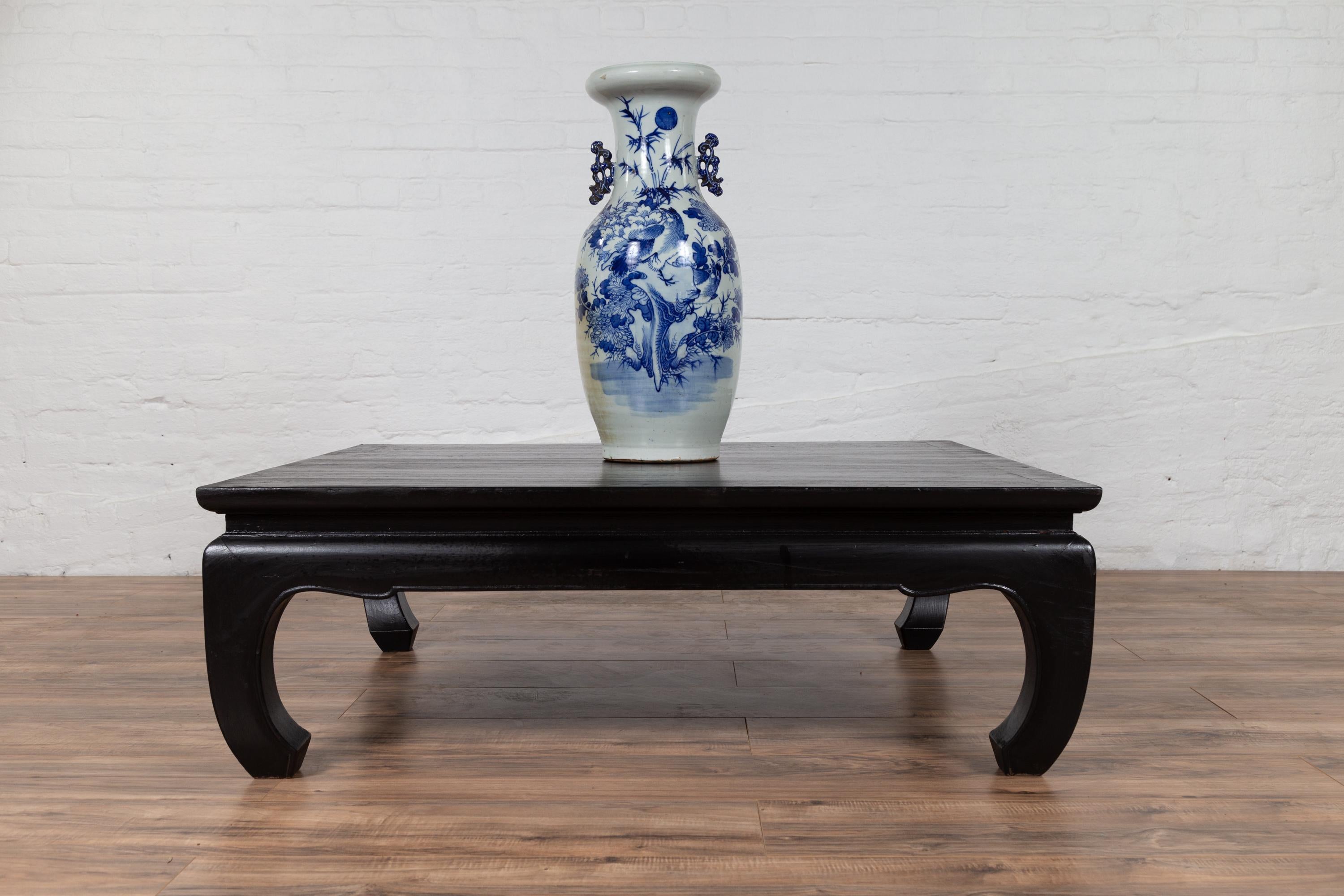 A vintage Thai teak wood coffee table from the mid-20th century, with black lacquer finish and bulging Chow legs. Born in Thailand during the mid-century period, this teak coffee table features a square planked waisted top sitting above an