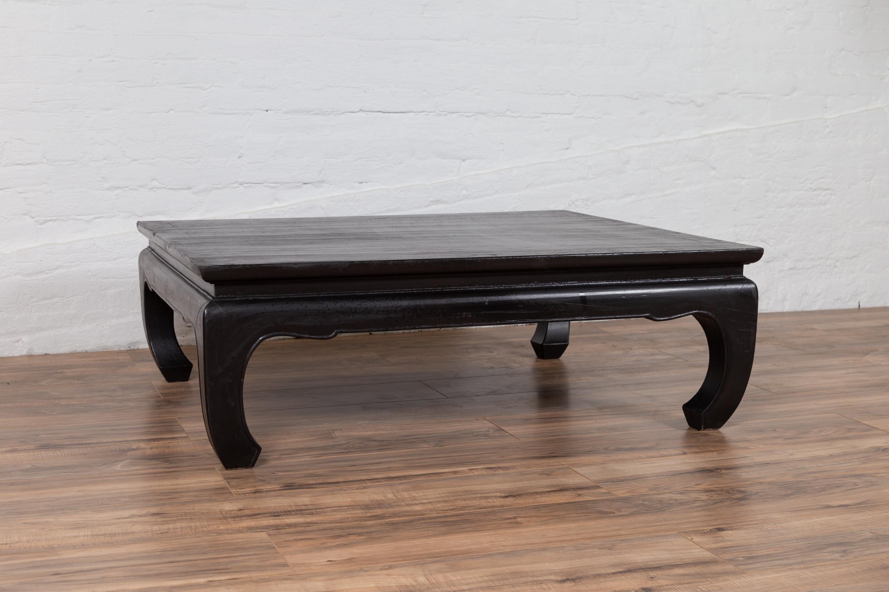 Lacquered Thai Teak Vintage Coffee Table with Black Lacquer and Chow Legs and Horsehoof