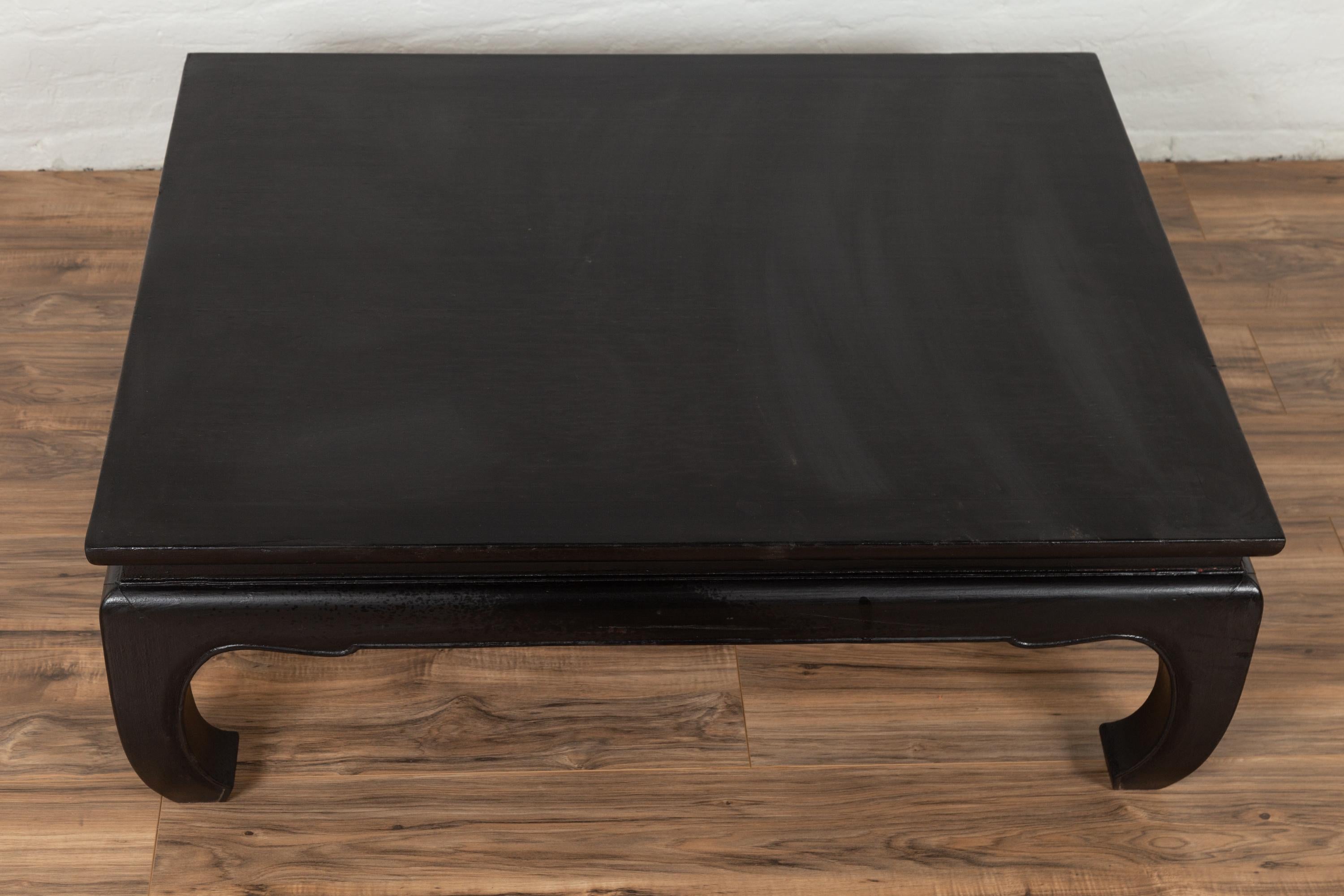 Thai Teak Vintage Coffee Table with Black Lacquer and Chow Legs and Horsehoof In Good Condition In Yonkers, NY